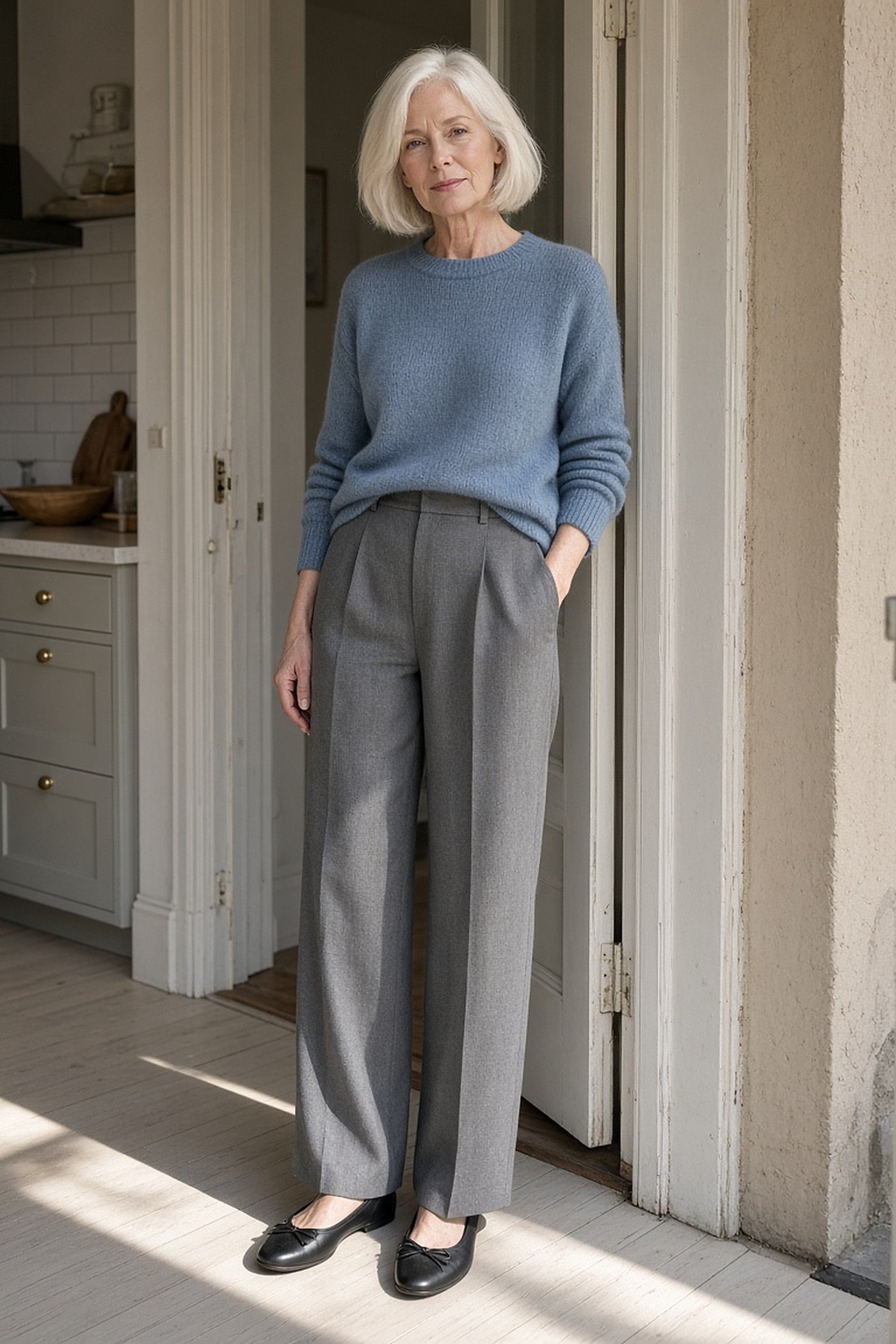 Woman over 60 with a white-blonde bob in a blue knit tucked into gray wide-leg trousers