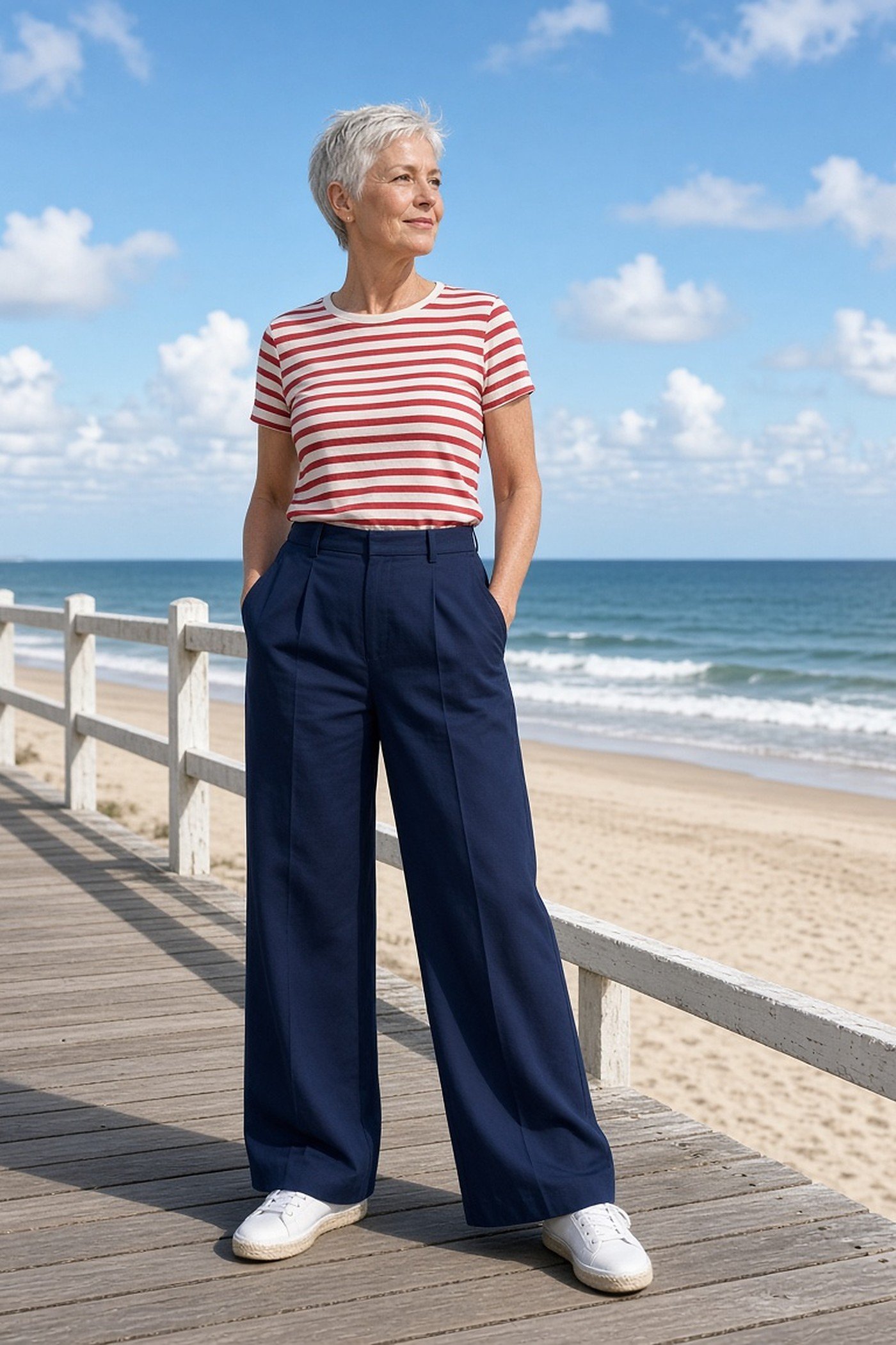 Woman over 60 in a red striped tee and navy wide-leg trousers on a boardwalk