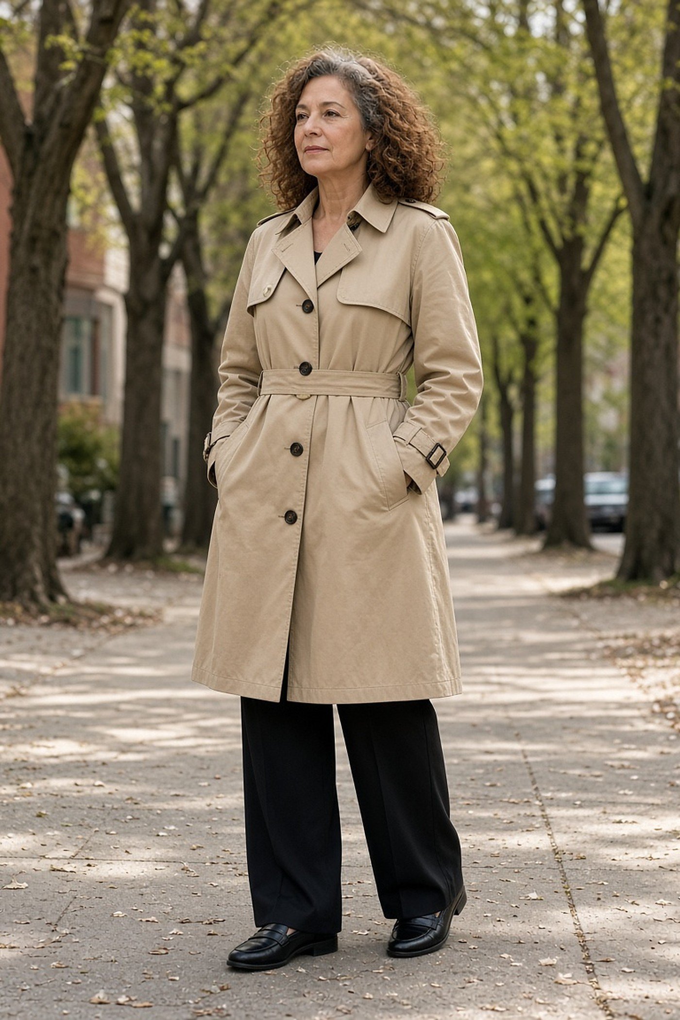 Woman over 60 in a beige trench coat over black wide-leg trousers and loafers