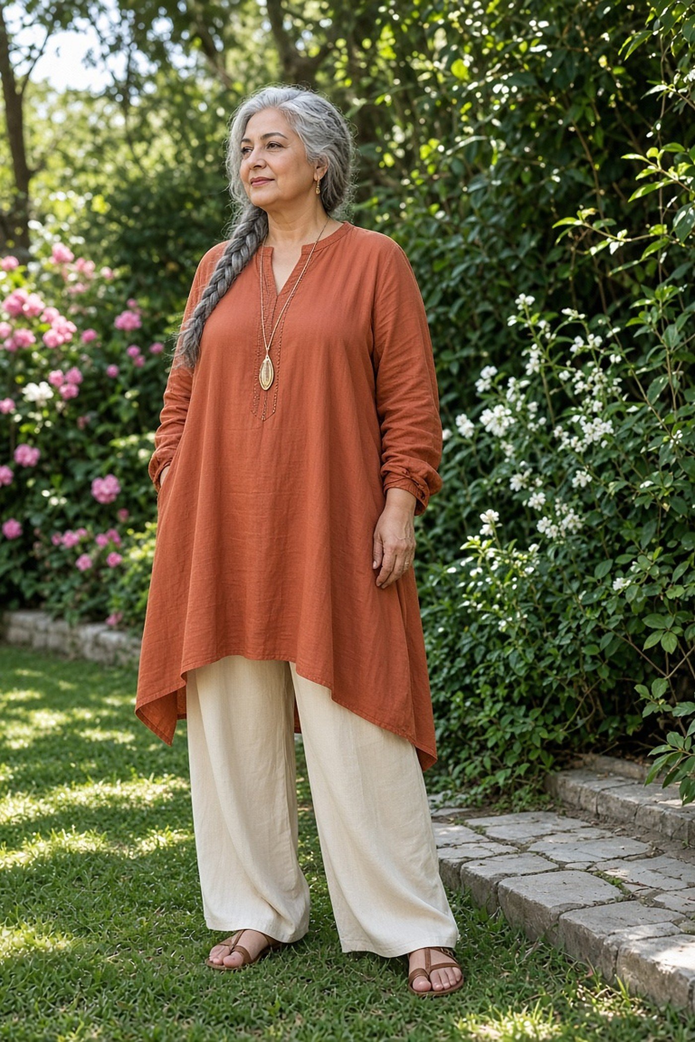 Woman over 60 in a terracotta tunic and cream wide-leg trousers with a long necklace in a garden