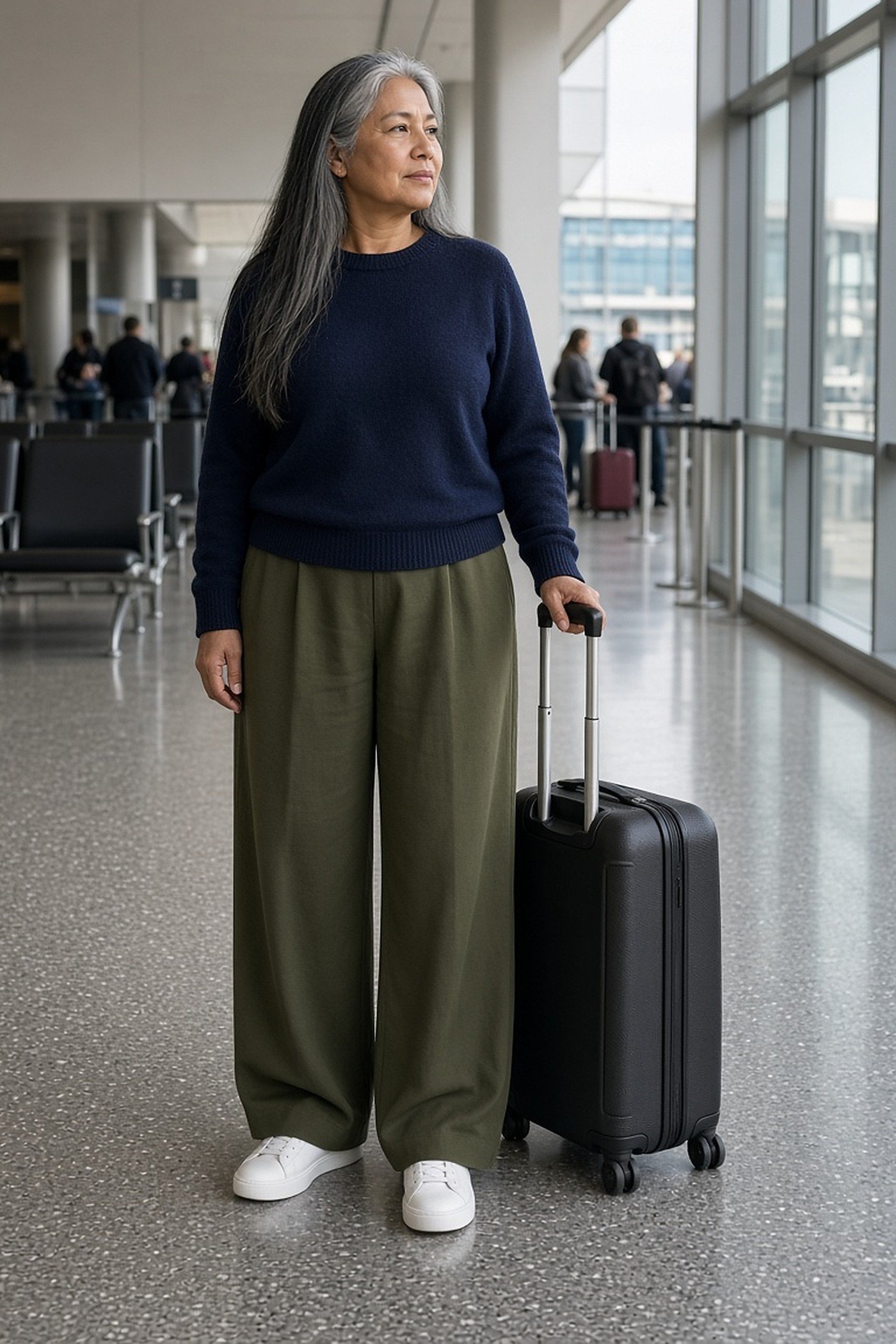 Woman over 60 in olive wide-leg trousers, navy sweater and white sneakers at an airport