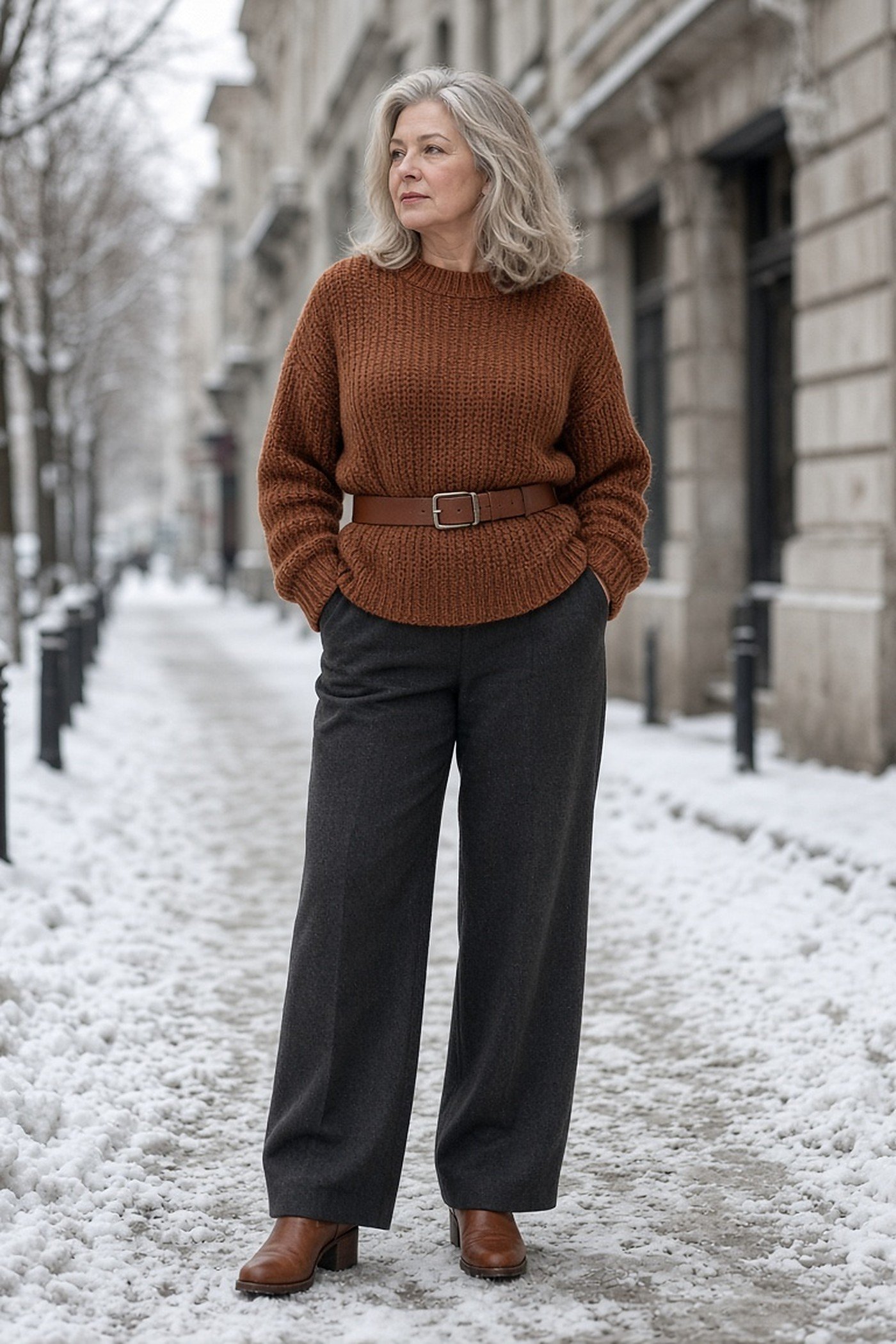 Woman over 60 in a rust sweater belted over charcoal wide-leg trousers on a snowy street