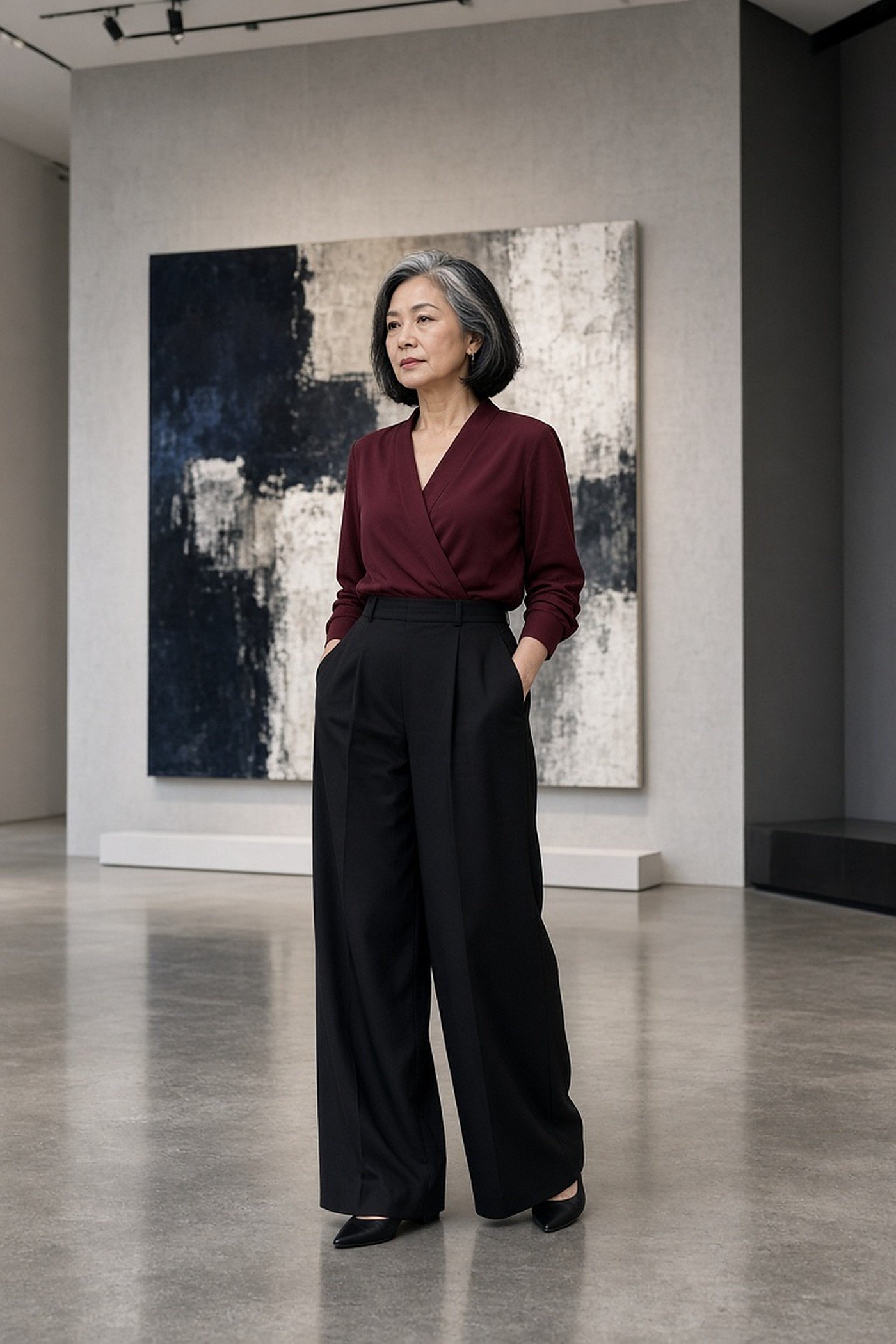 Woman over 60 in a burgundy wrap top and black wide-leg trousers in a gallery