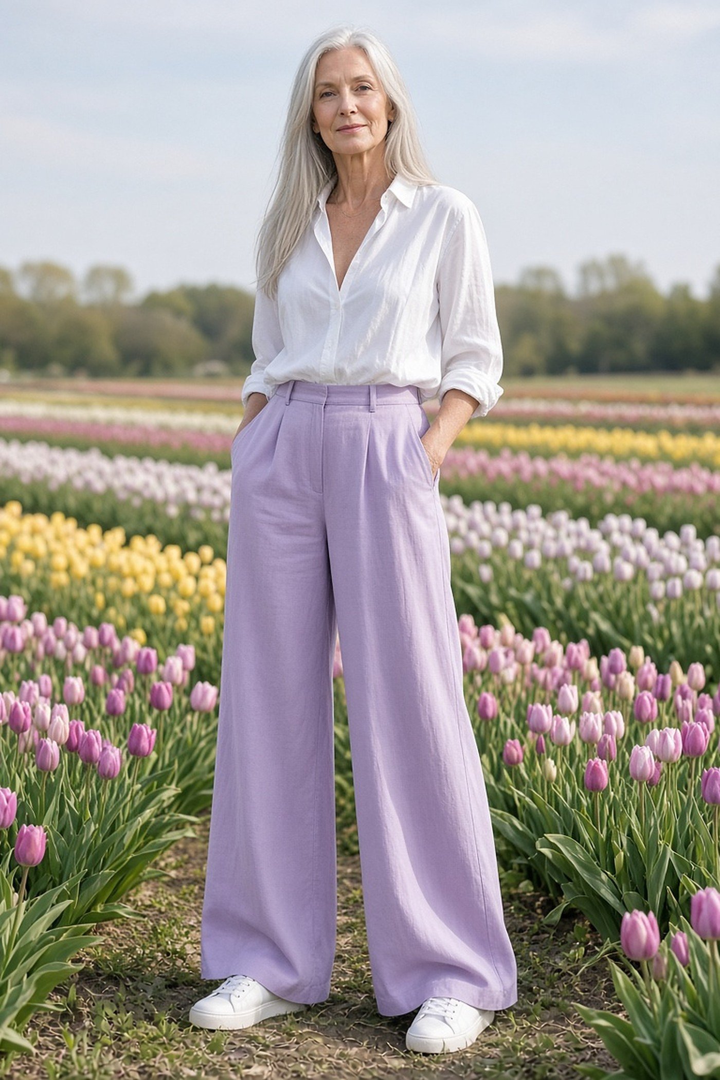 Woman over 60 in lavender wide-leg trousers and a white blouse in a tulip field