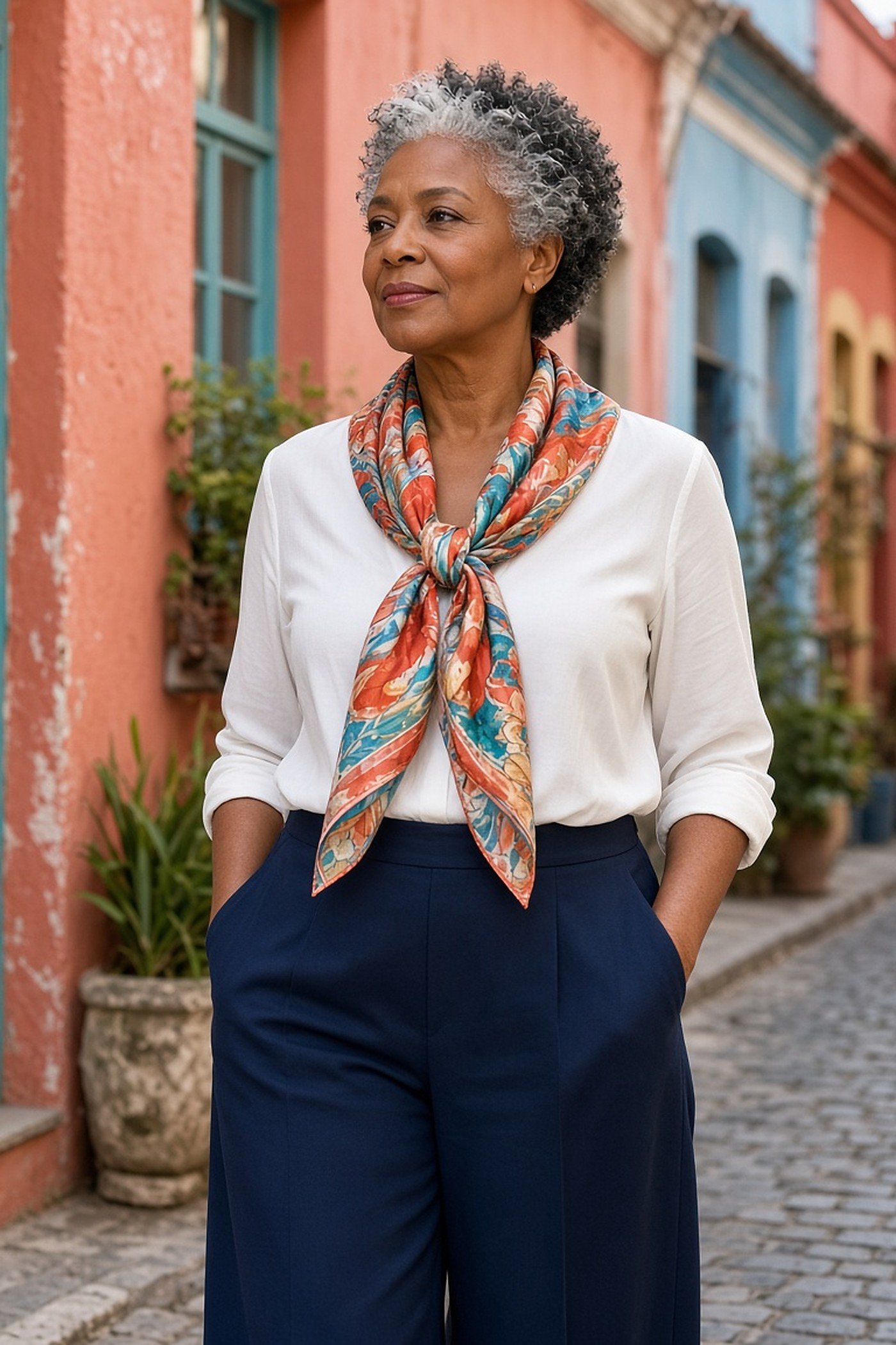Woman over 60 with a printed silk scarf, white top and navy wide-leg trousers on a colorful street