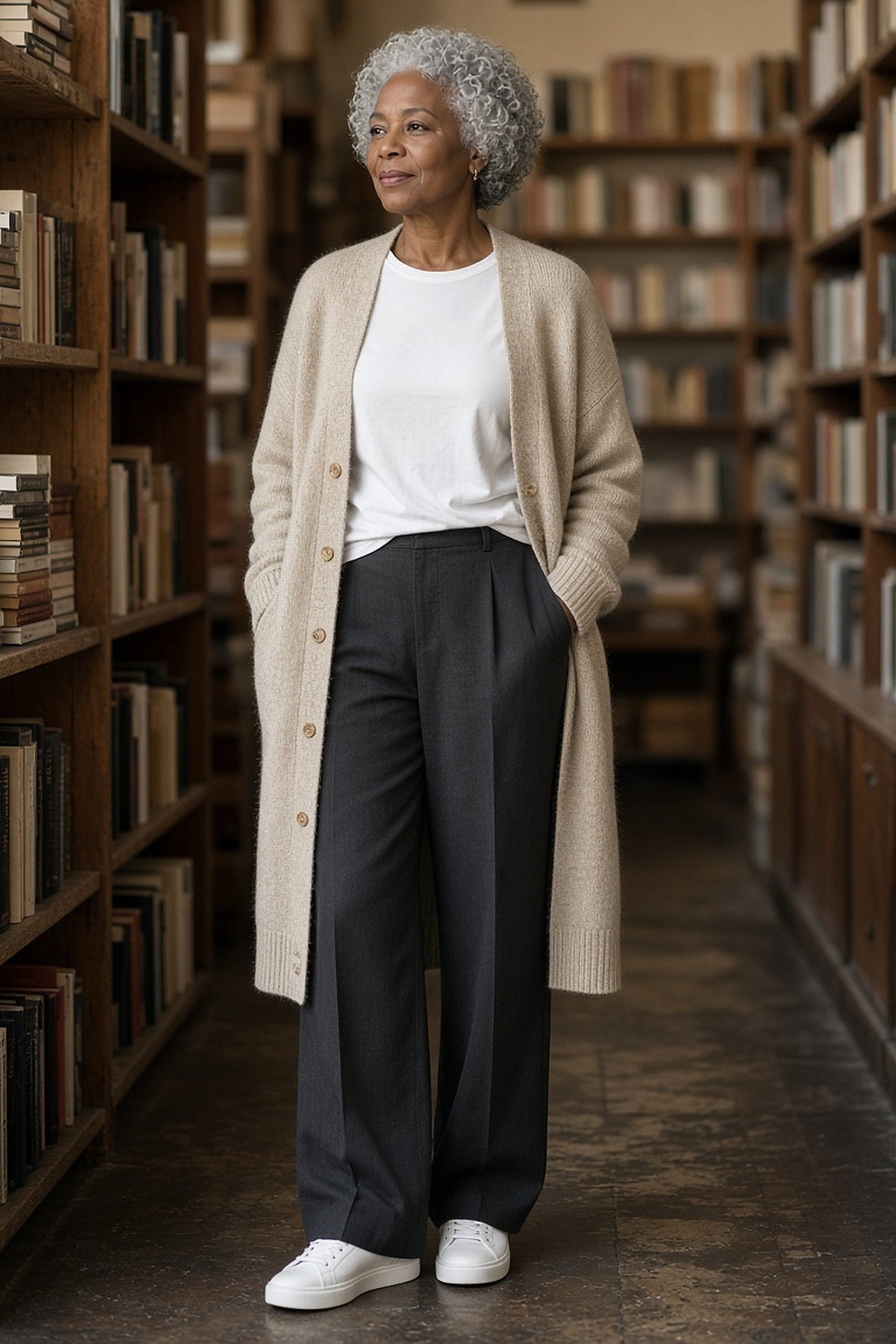 Black woman over 60 in a long oatmeal cardigan, white tee and charcoal wide-leg trousers in a bookshop