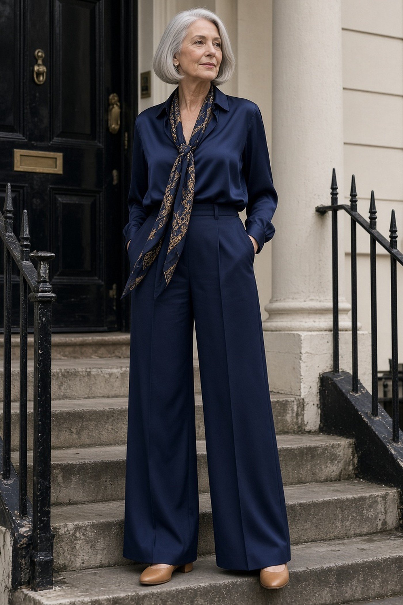 Woman over 60 in monochrome navy wide-leg trousers, navy silk blouse and scarf on townhouse steps