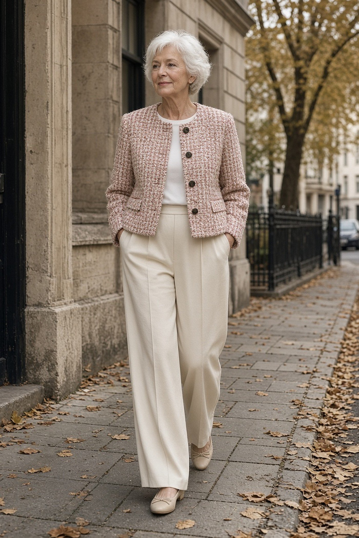 Woman over 60 in a cropped pink tweed jacket and cream wide-leg trousers