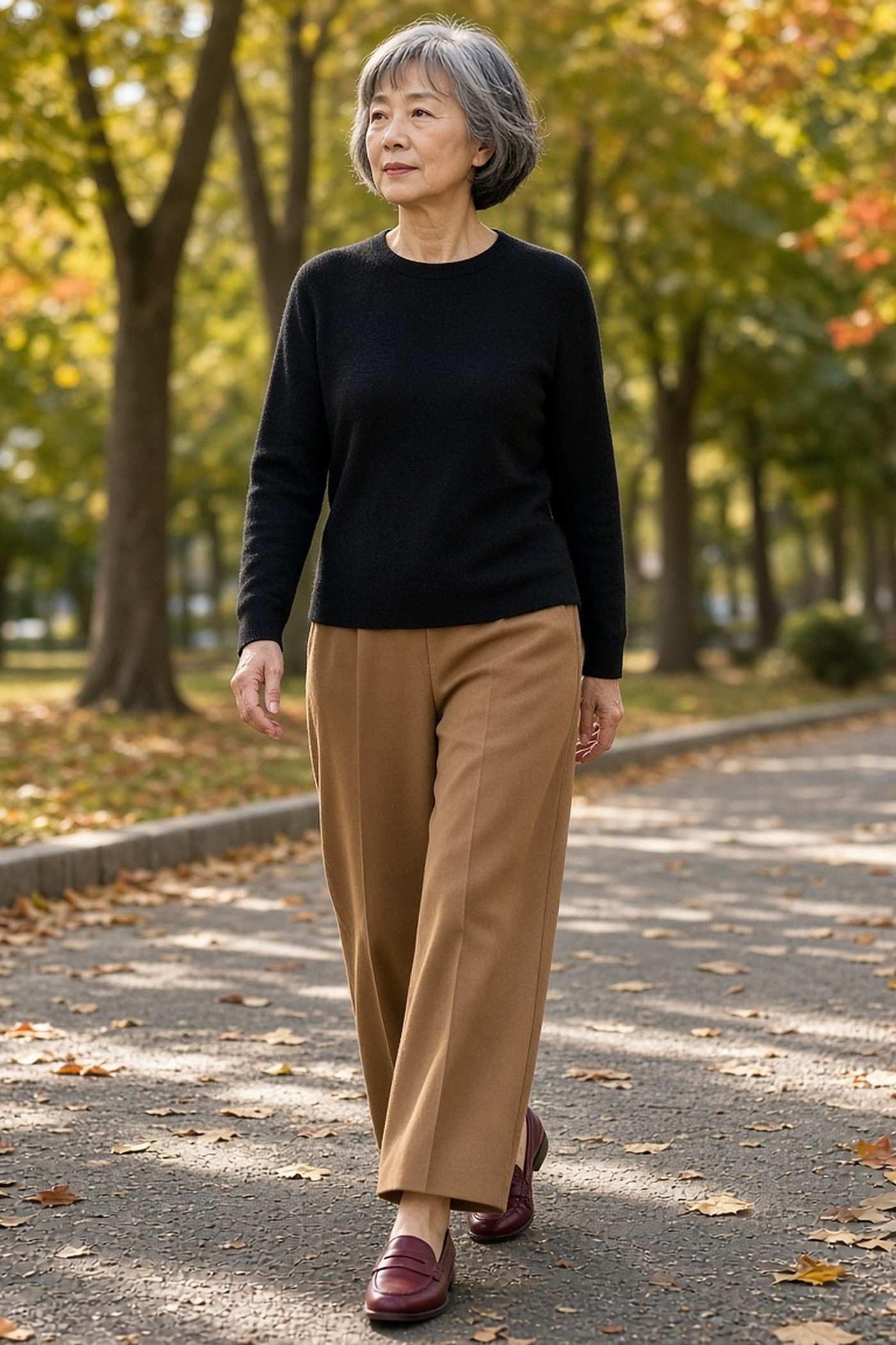 Woman over 60 in camel wide-leg trousers and burgundy loafers in a park