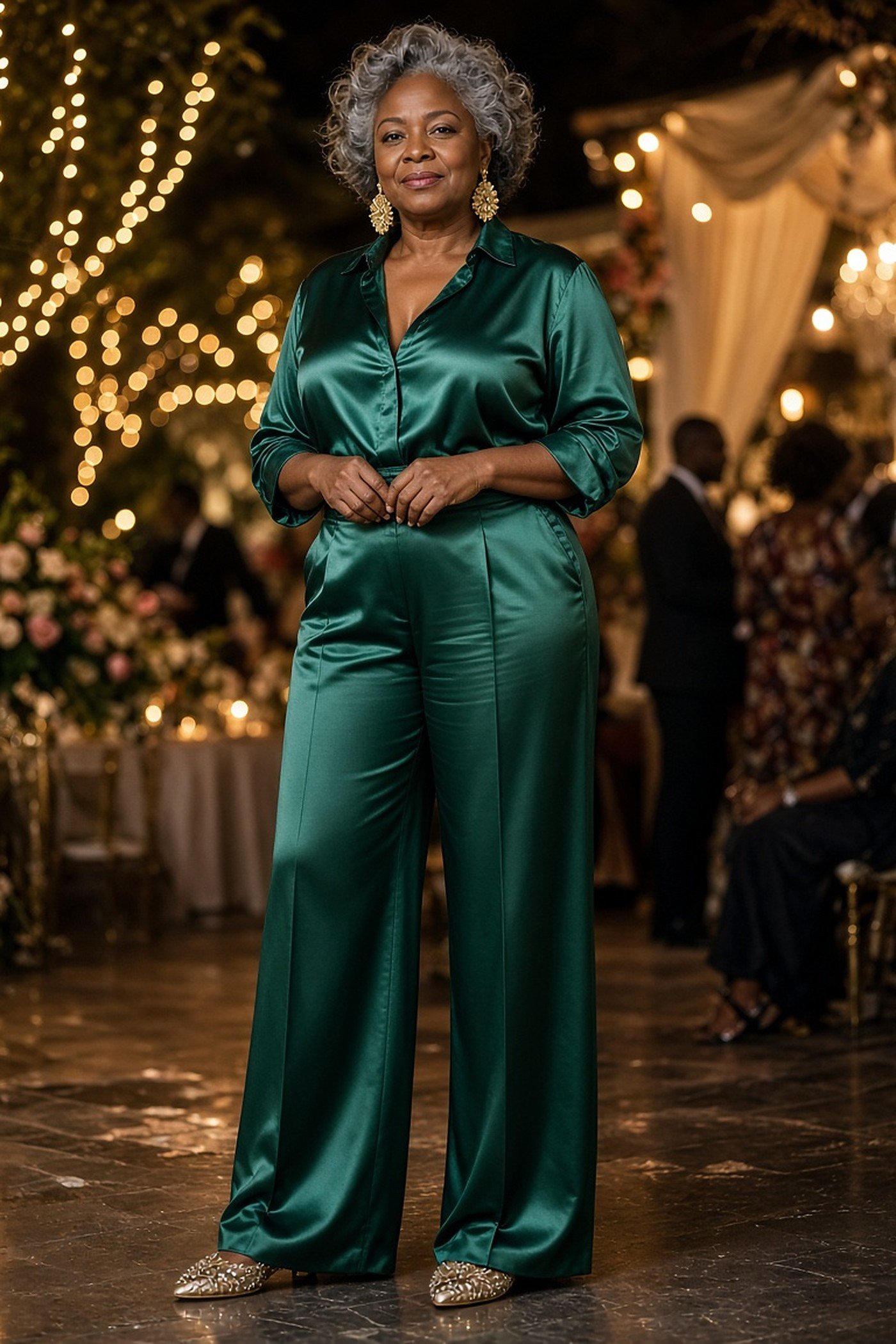 Black woman over 60 in emerald satin wide-leg trousers and silk blouse at a wedding