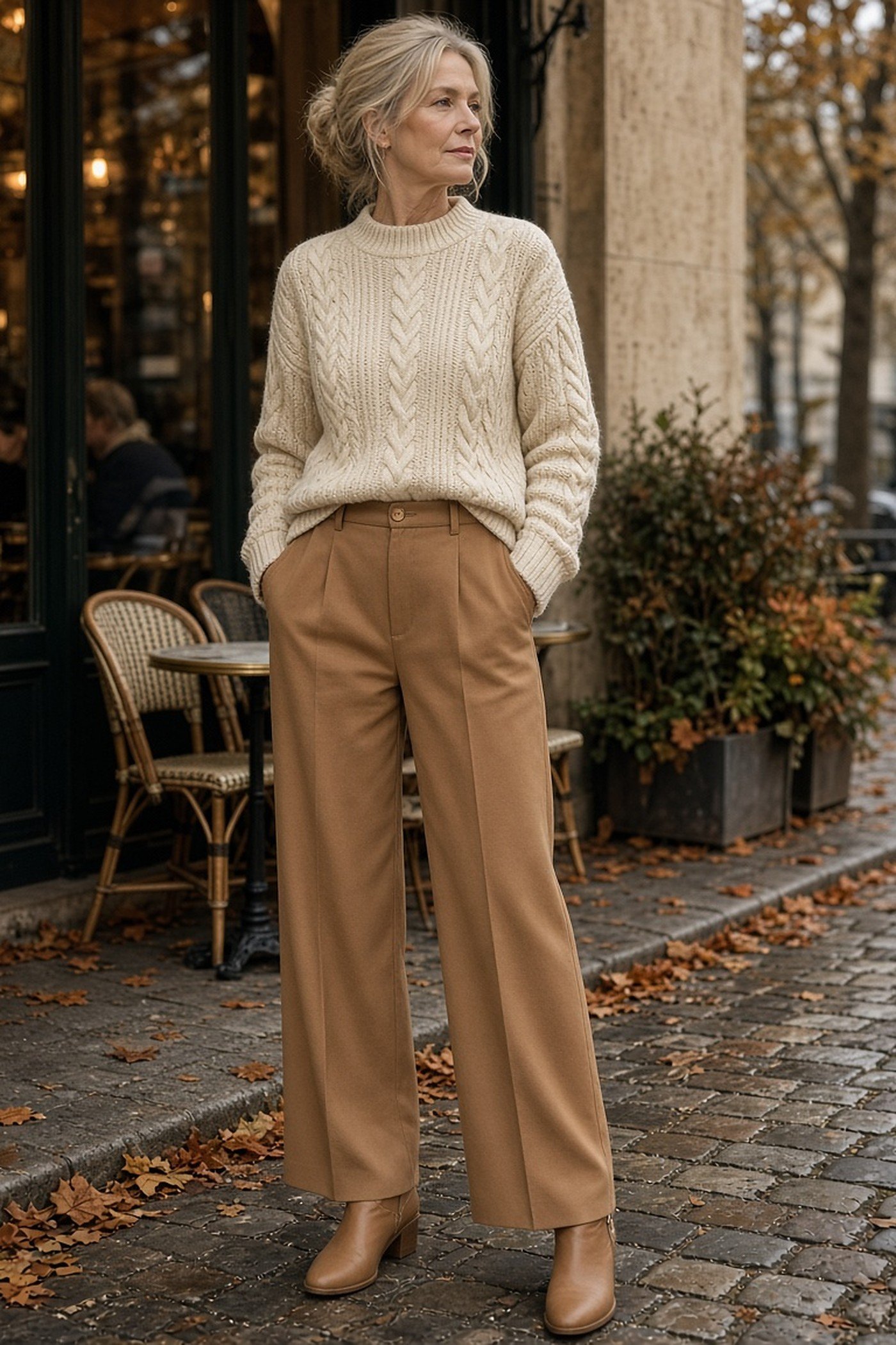 Woman over 60 in soft camel wide-leg trousers, cream cable knit and tan boots at a cafe