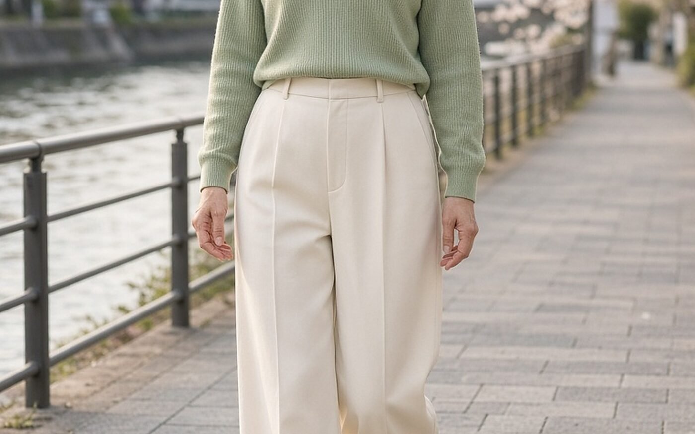Japanese woman over 60 in ivory wide-leg trousers, sage knit and tan loafers by a cherry blossom river