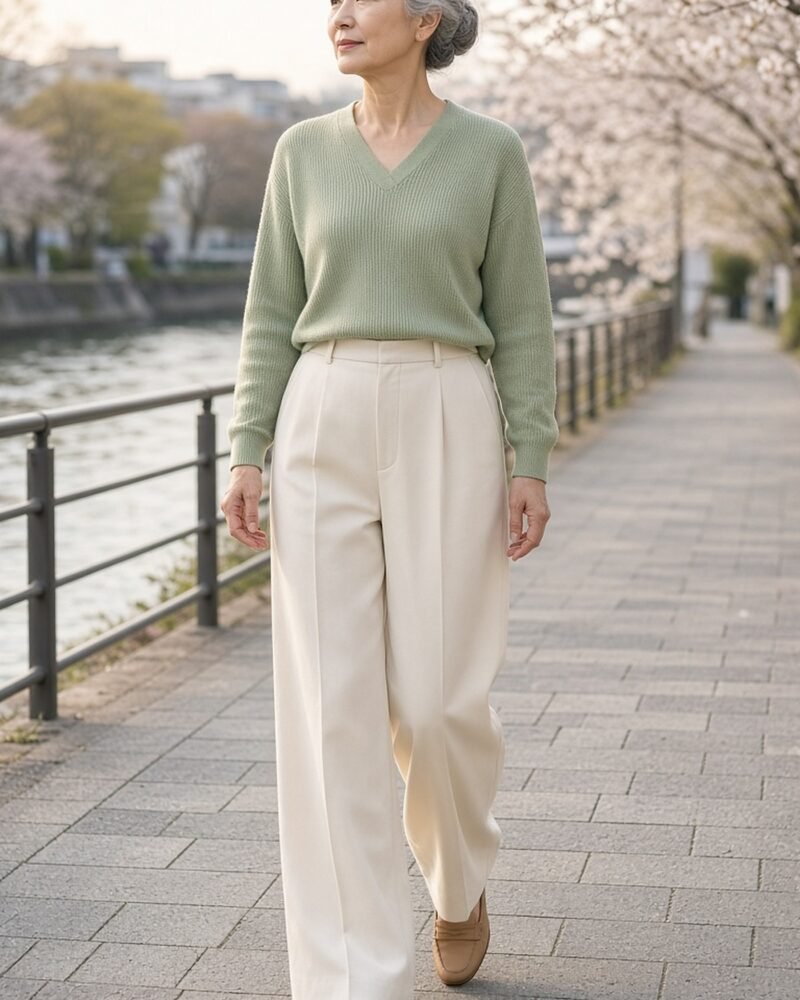 Japanese woman over 60 in ivory wide-leg trousers, sage knit and tan loafers by a cherry blossom river