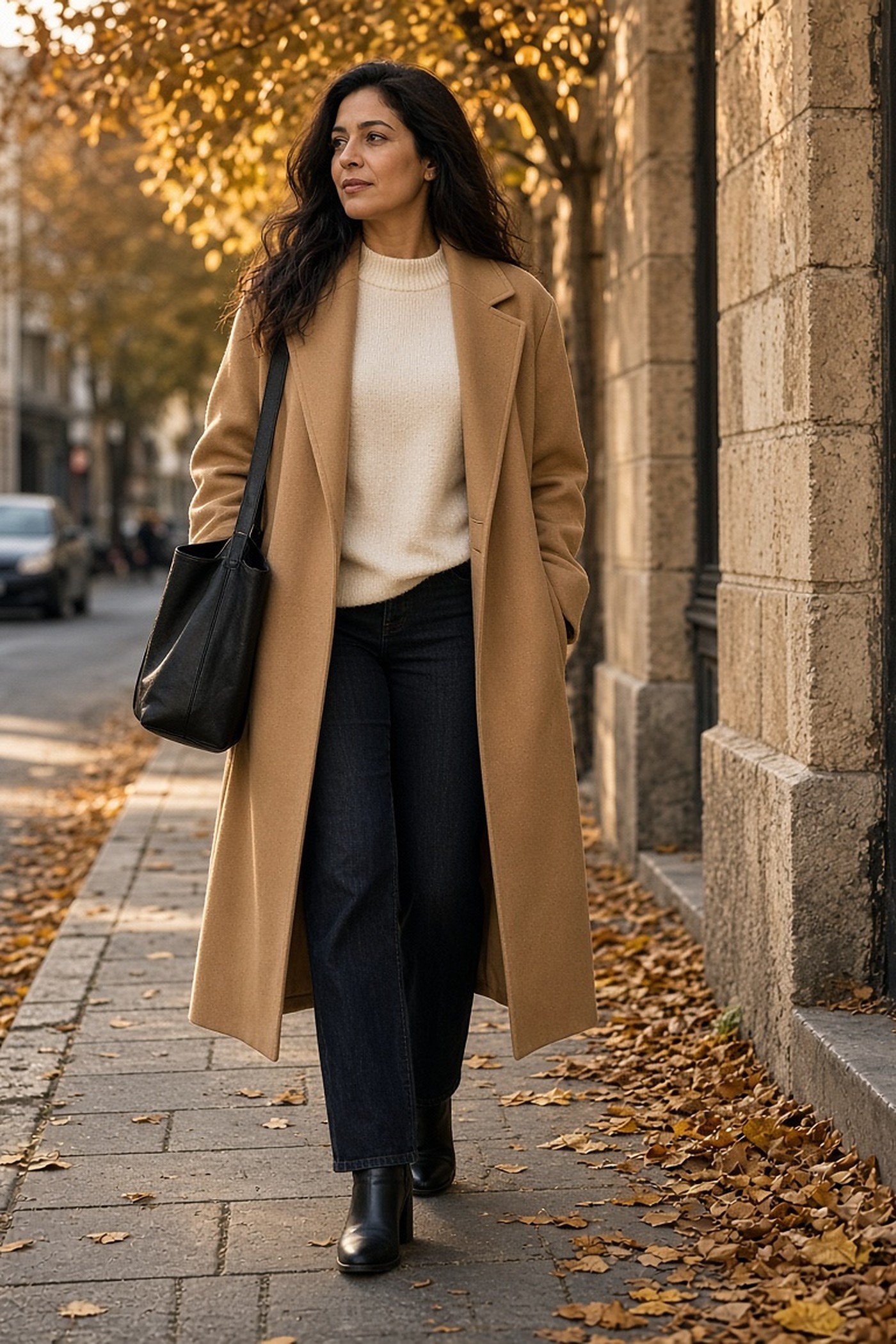 Woman over 40 in a buttoned camel wool coat over gray knit and black trousers at a harbor