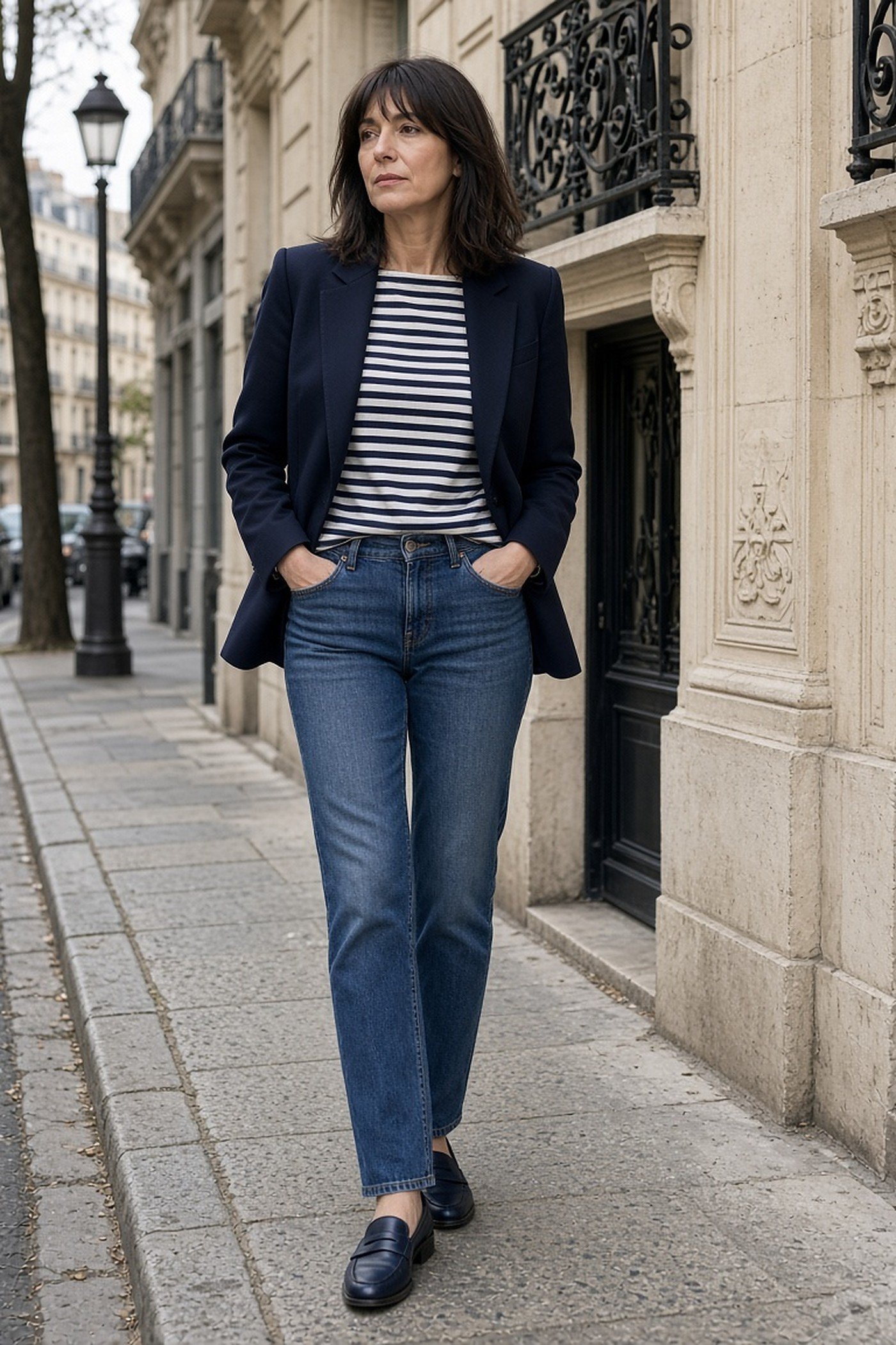 Woman over 40 in a Breton striped tee, navy blazer and jeans in Paris