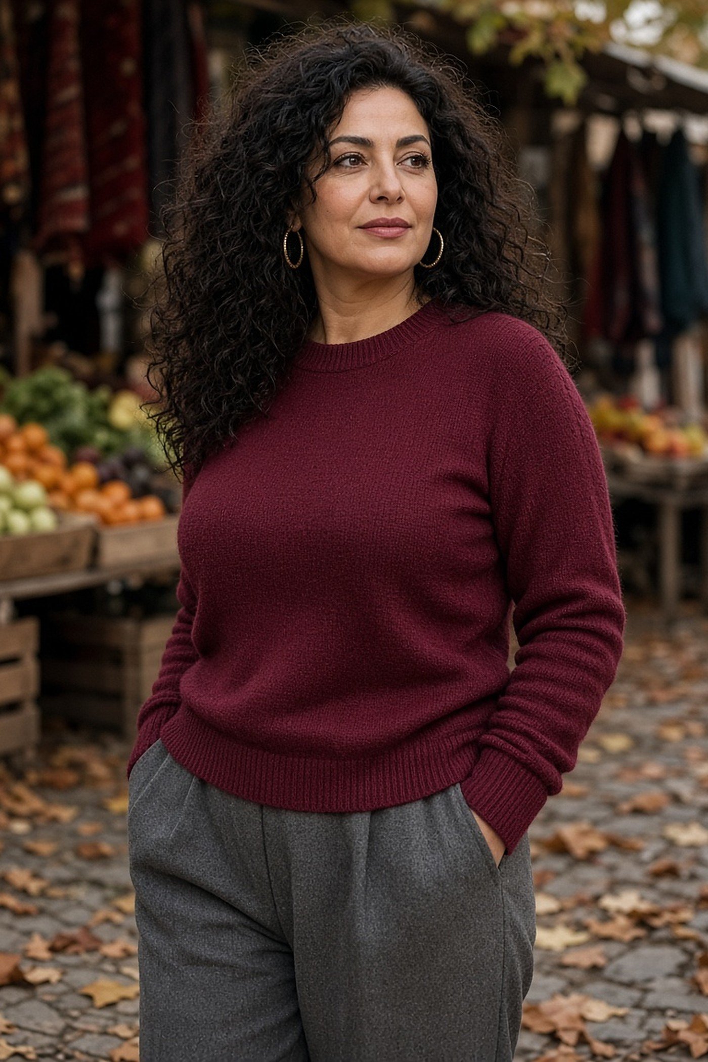 Woman over 40 in a burgundy crew-neck sweater at an autumn market
