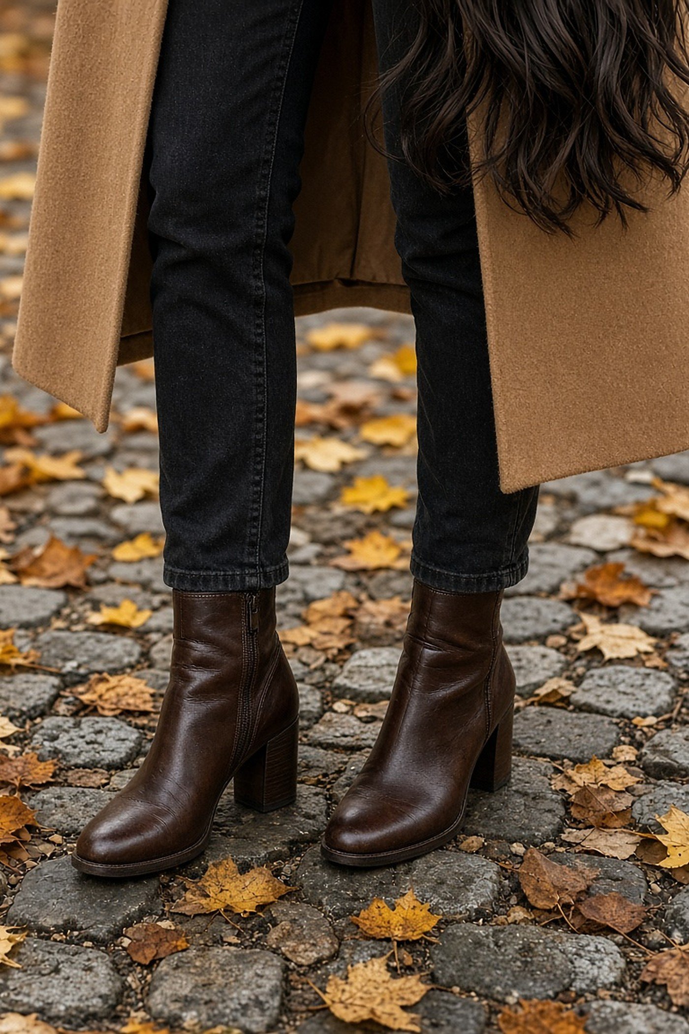 Woman over 40 in an olive quilted jacket, dark jeans and brown boots on a country lane