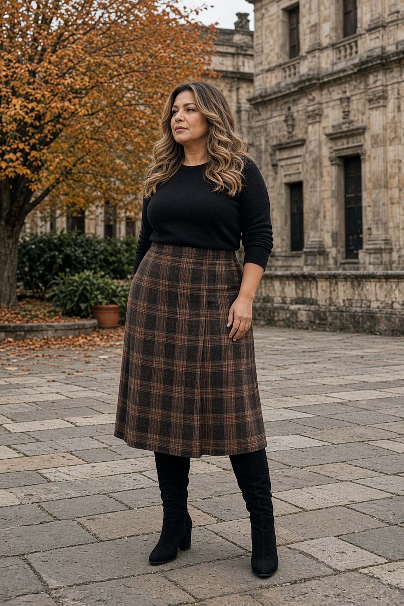 Woman over 40 in black suede knee-high boots and a plaid midi skirt