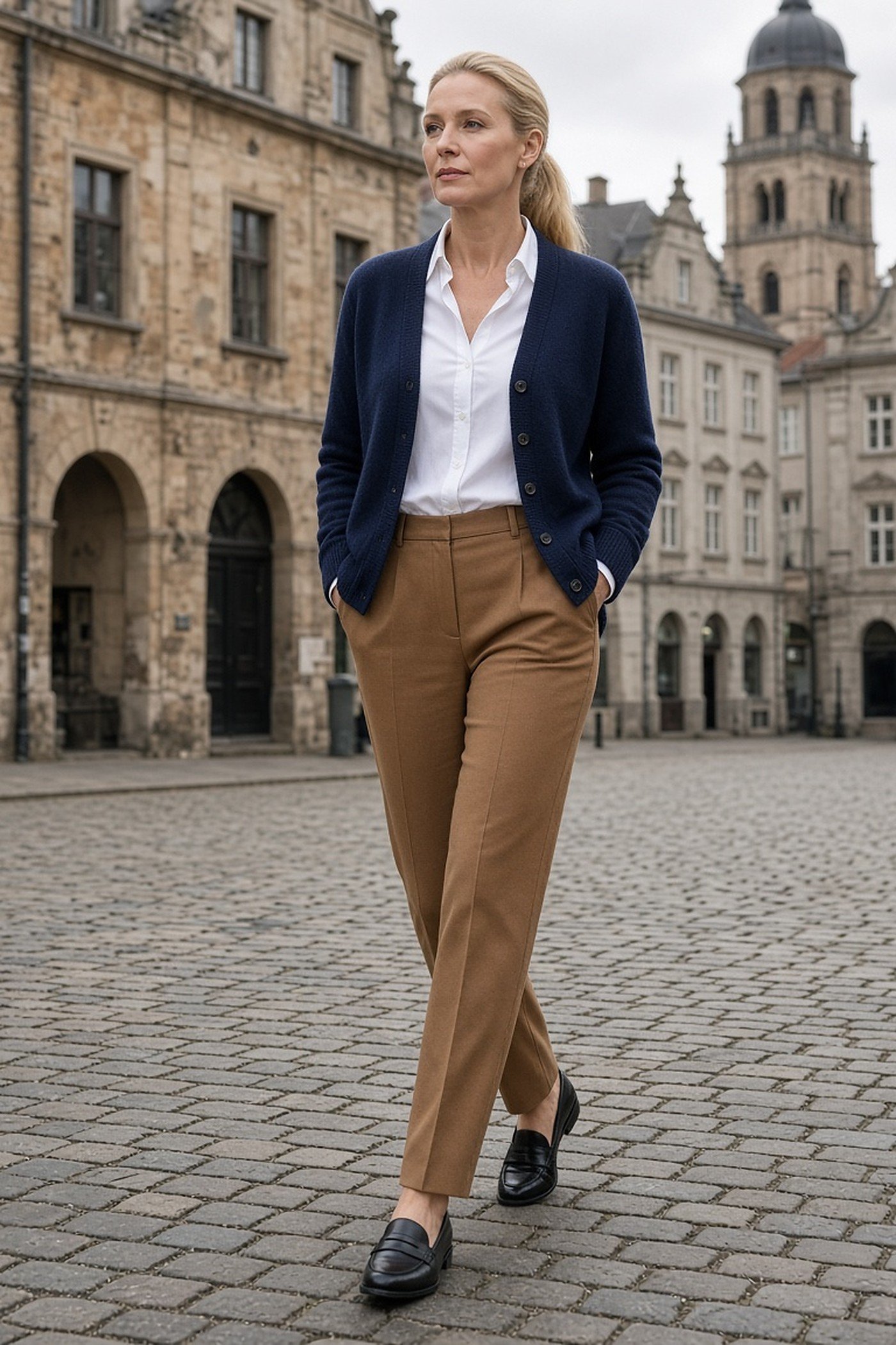 Woman over 40 in black penny loafers, camel trousers and a navy cardigan