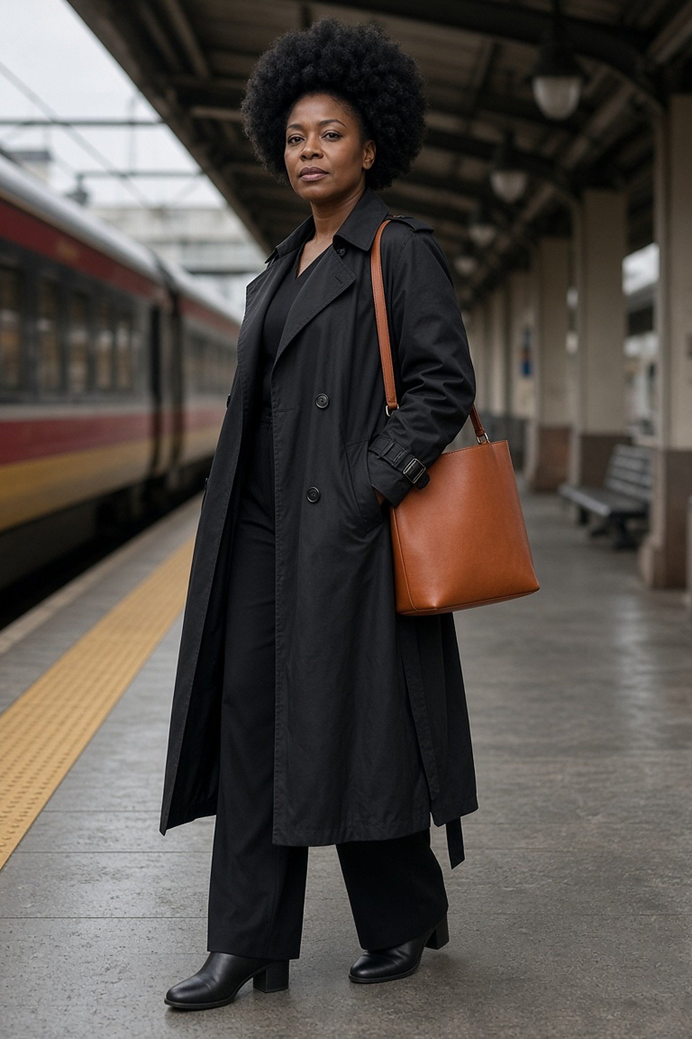 Woman over 40 in a mustard and rust plaid wool scarf over a navy coat