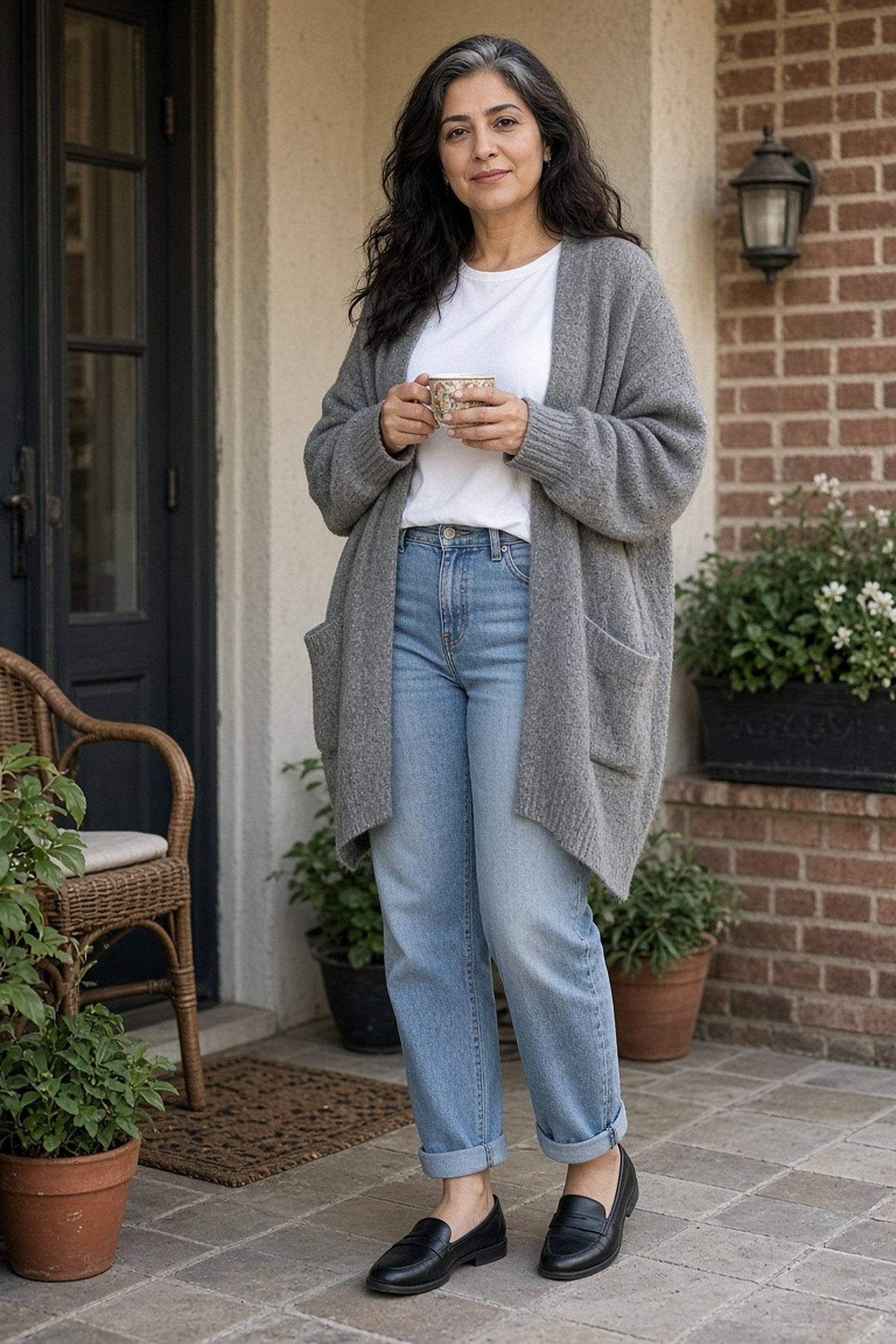 Woman over 40 in a long gray cardigan, white tee and jeans holding tea