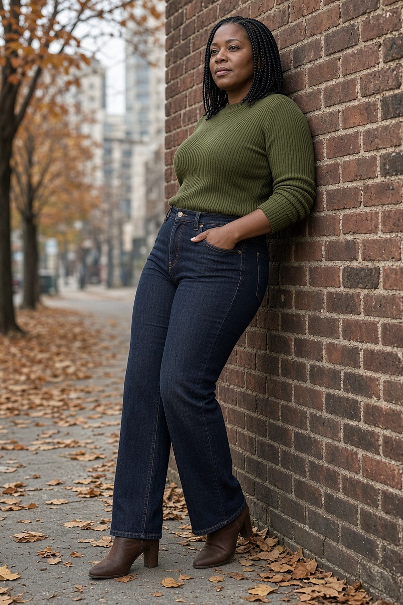 Black woman over 40 in dark straight-leg jeans and an olive knit leaning on a brick wall