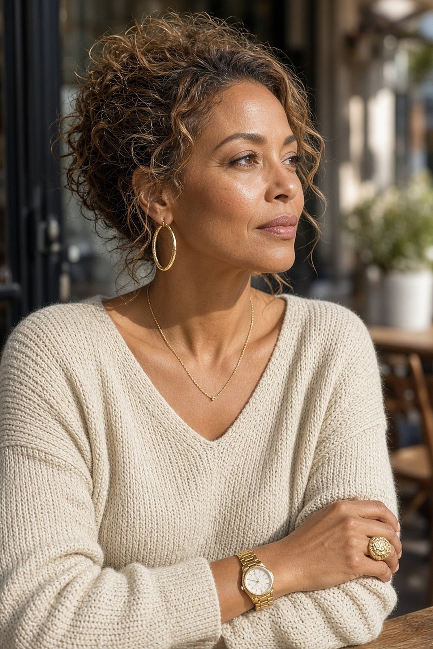 Woman over 40 wearing gold hoops, a fine gold chain, watch and statement ring