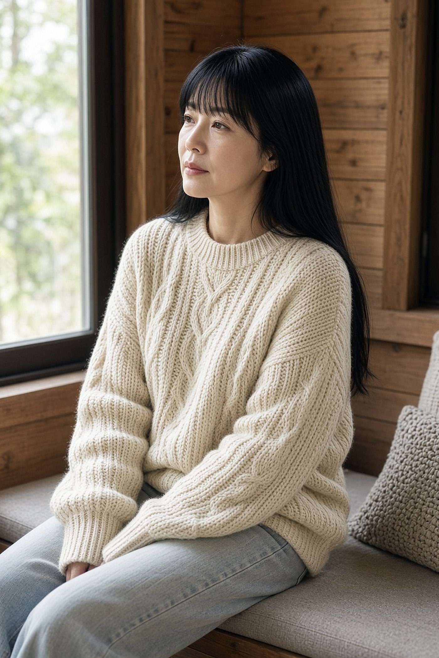 Korean woman over 40 in a cream cable knit sweater by a cabin window