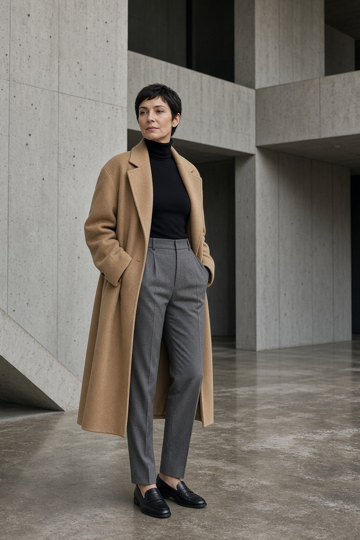Woman over 40 in a black turtleneck, camel coat and gray trousers