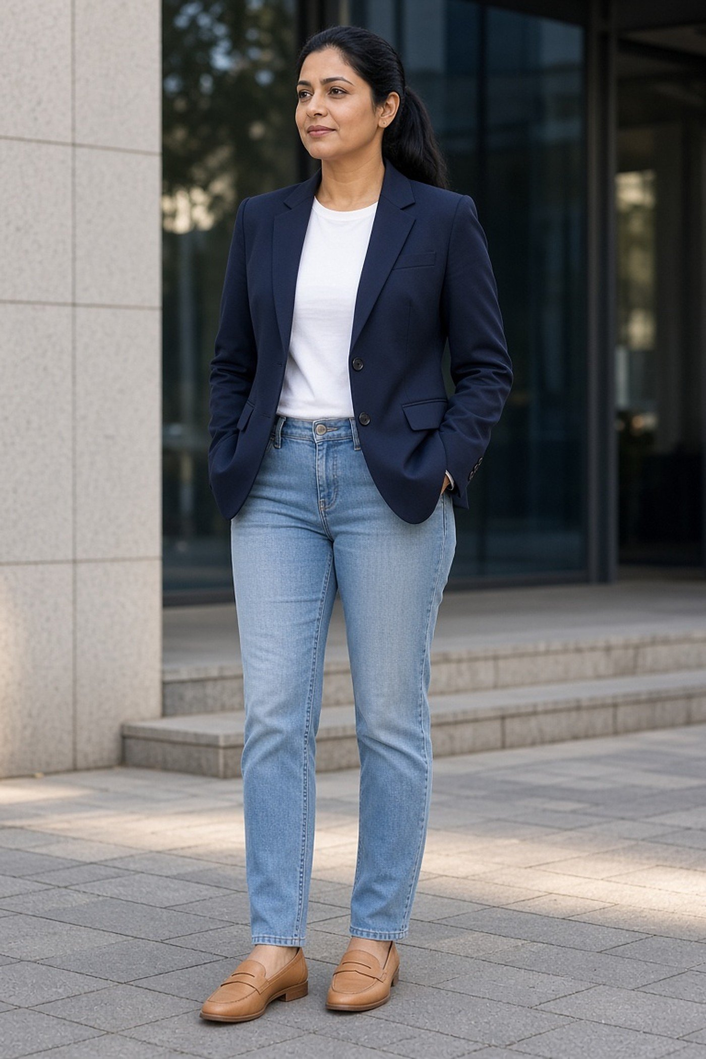 Woman over 40 in a navy blazer, white tee, jeans and tan loafers