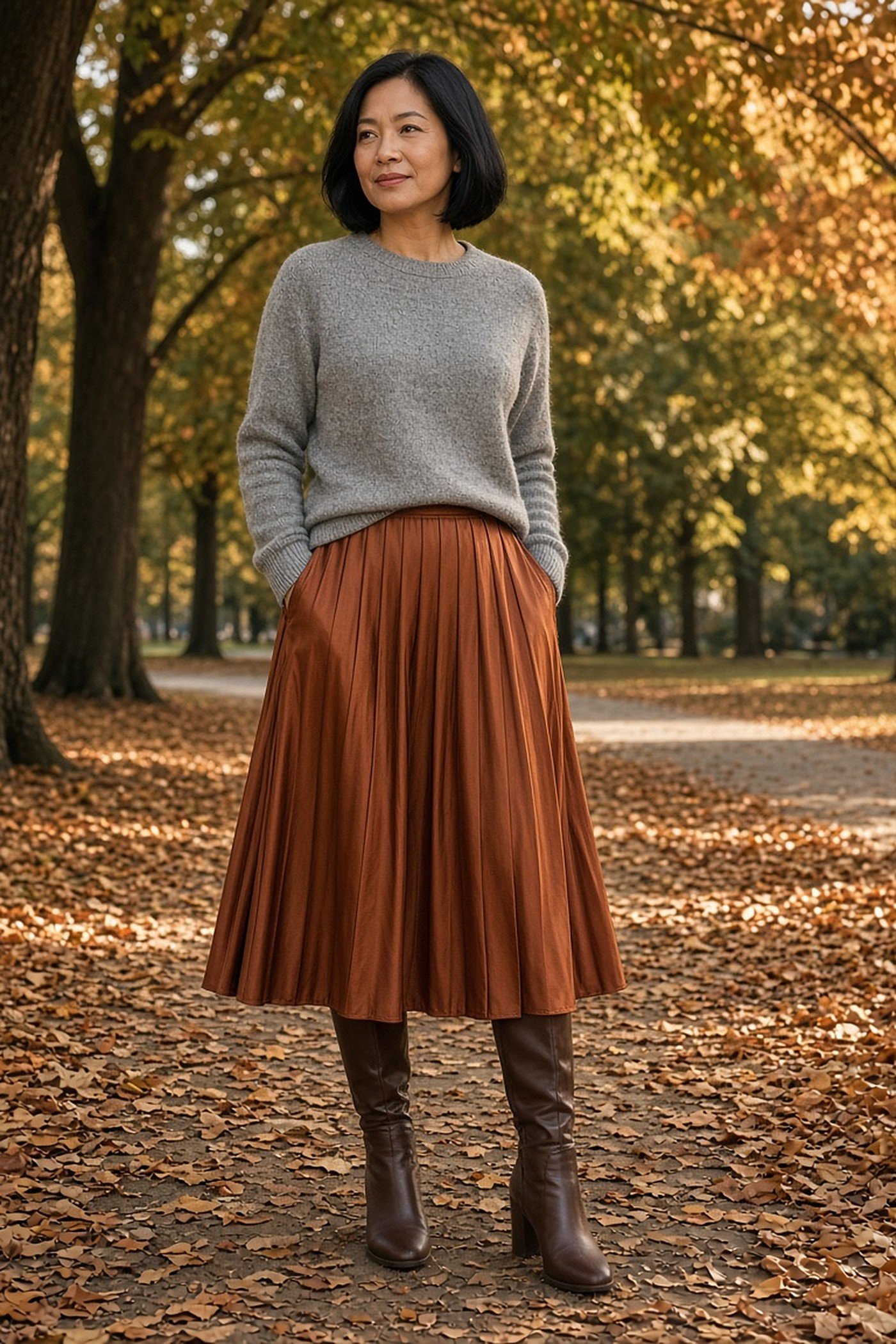 Woman over 40 in charcoal tailored trousers and a burgundy knit in a hotel lobby