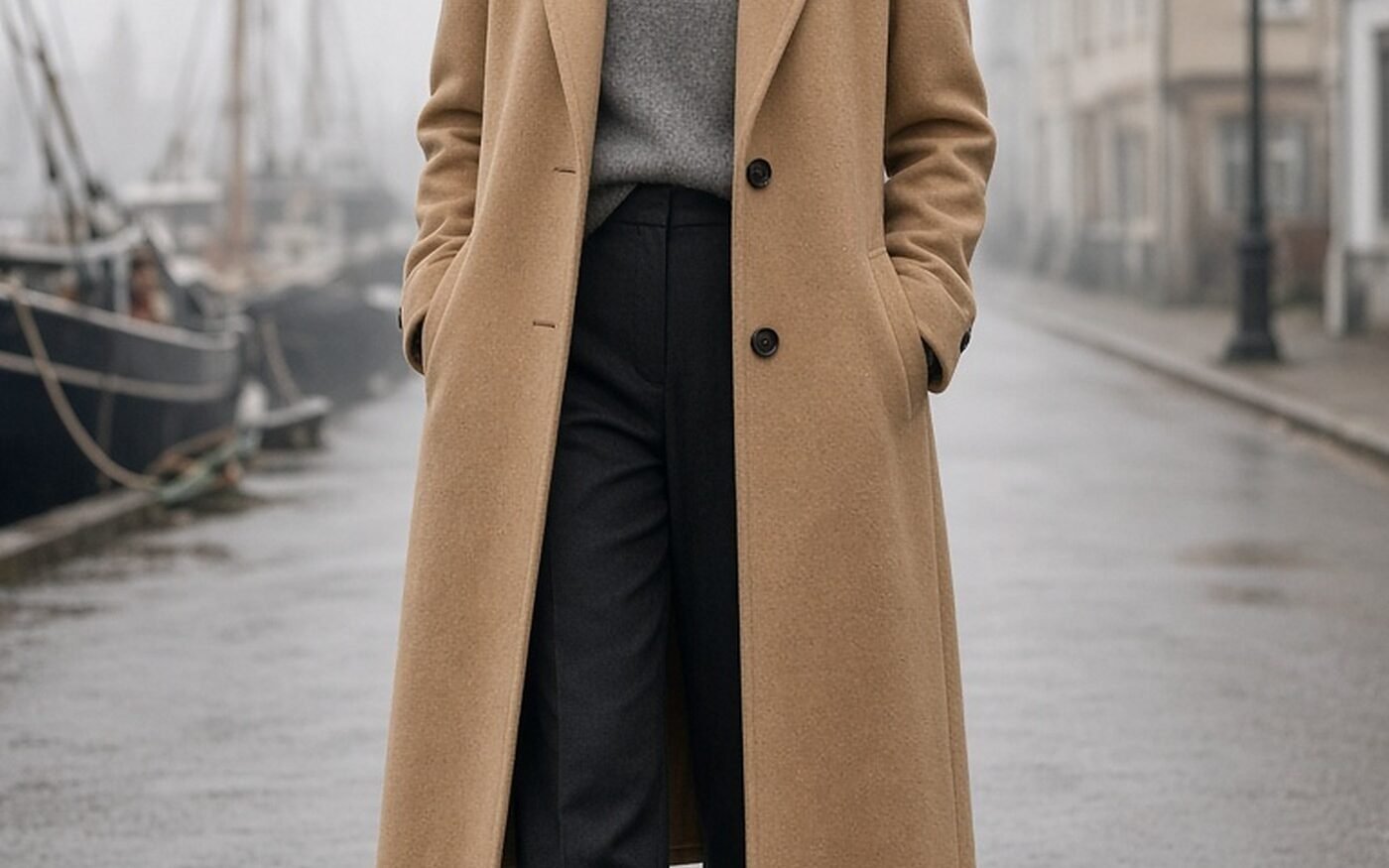 Woman over 40 in a camel coat, cream knit, dark jeans and ankle boots on an autumn street