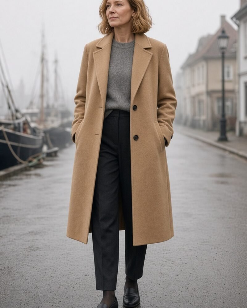 Woman over 40 in a camel coat, cream knit, dark jeans and ankle boots on an autumn street