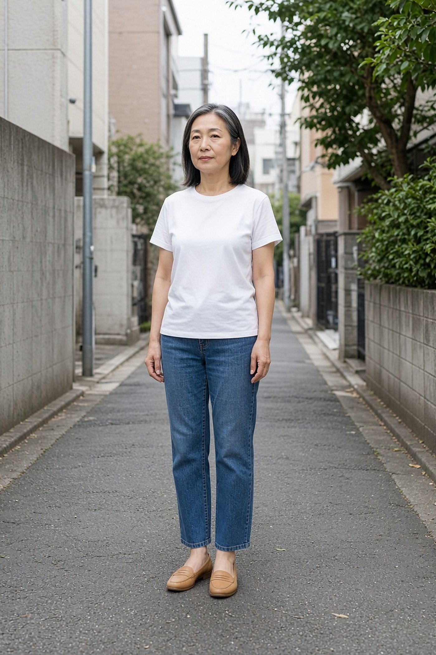 Petite woman over 50 in cropped straight jeans and loafers