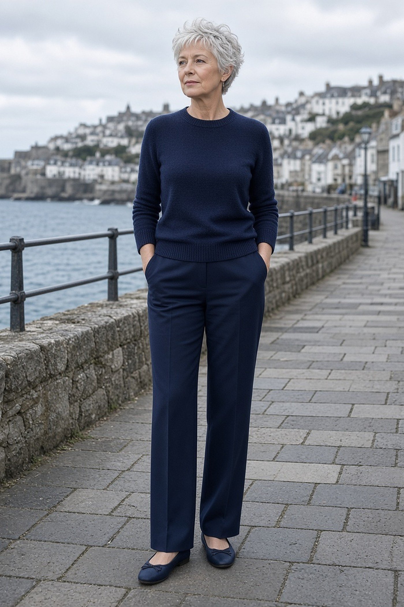 Petite woman over 50 in a monochrome navy outfit