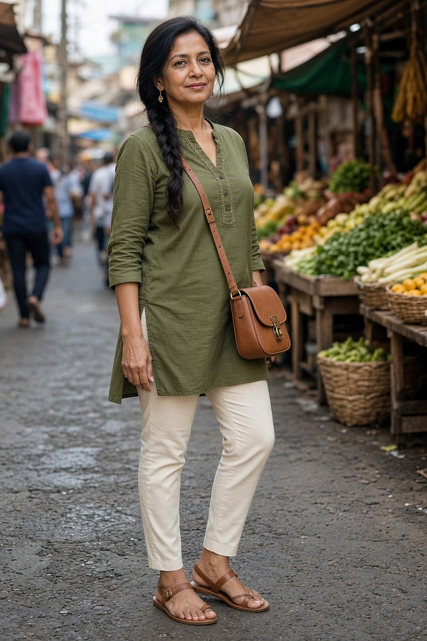 Petite woman over 50 with a small tan crossbody bag