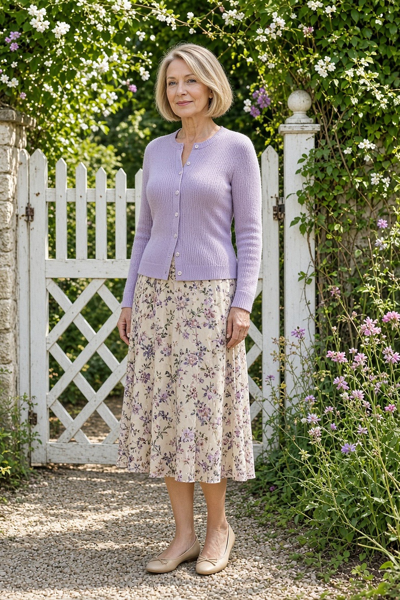 Petite woman over 50 in a fitted lilac cardigan
