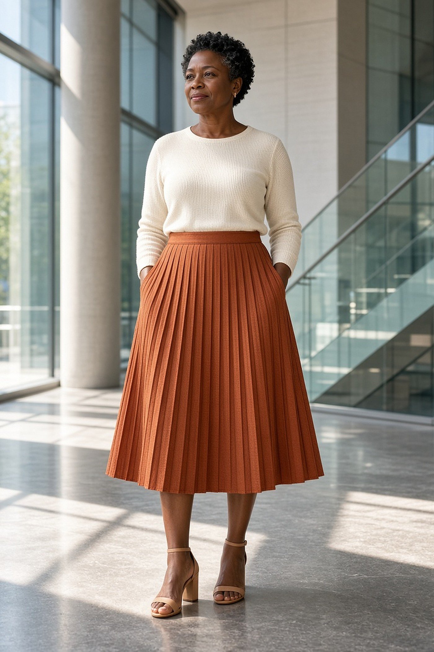 Petite woman over 50 in a rust pleated midi skirt
