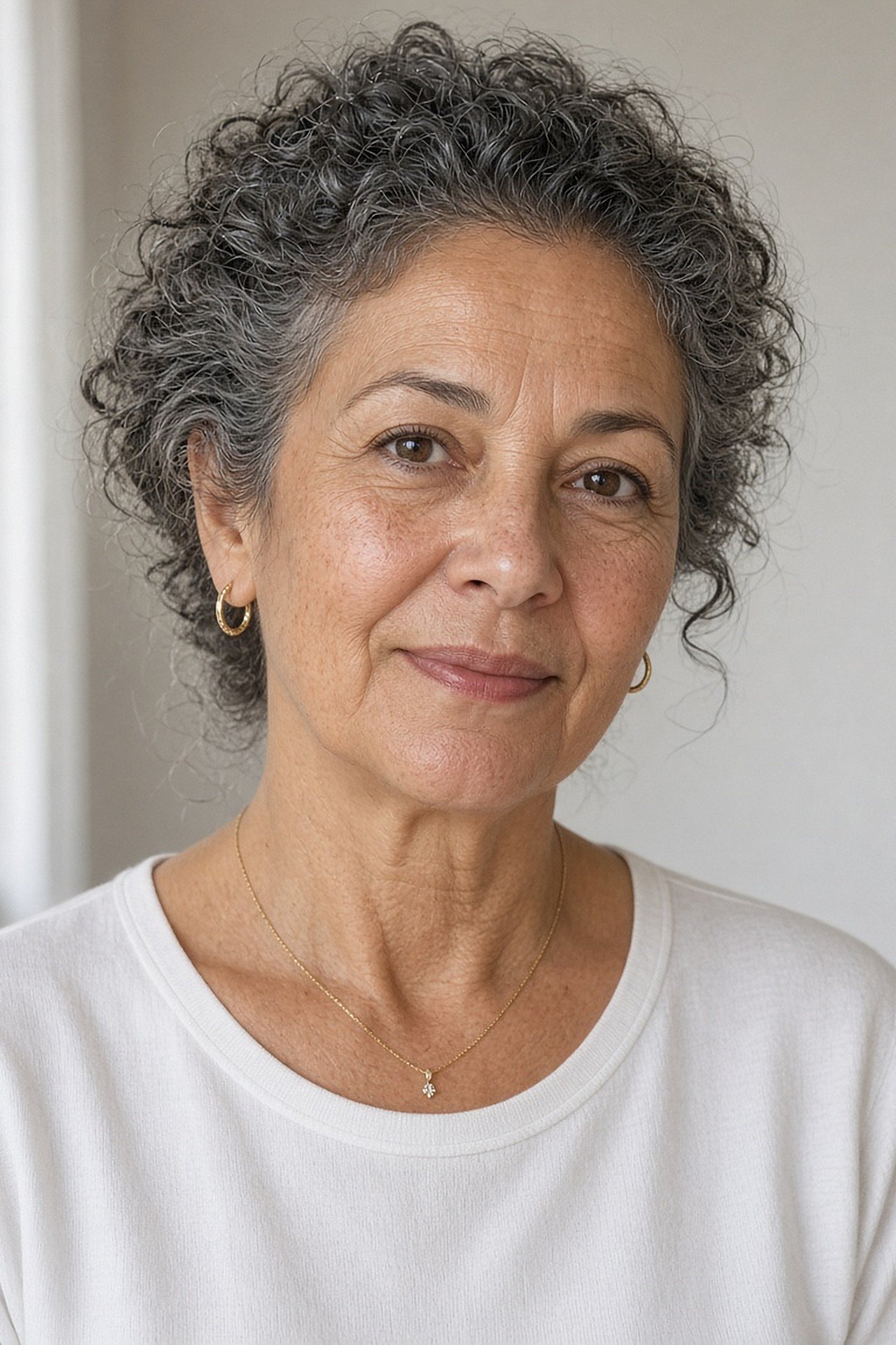 Petite woman over 50 wearing delicate gold jewelry