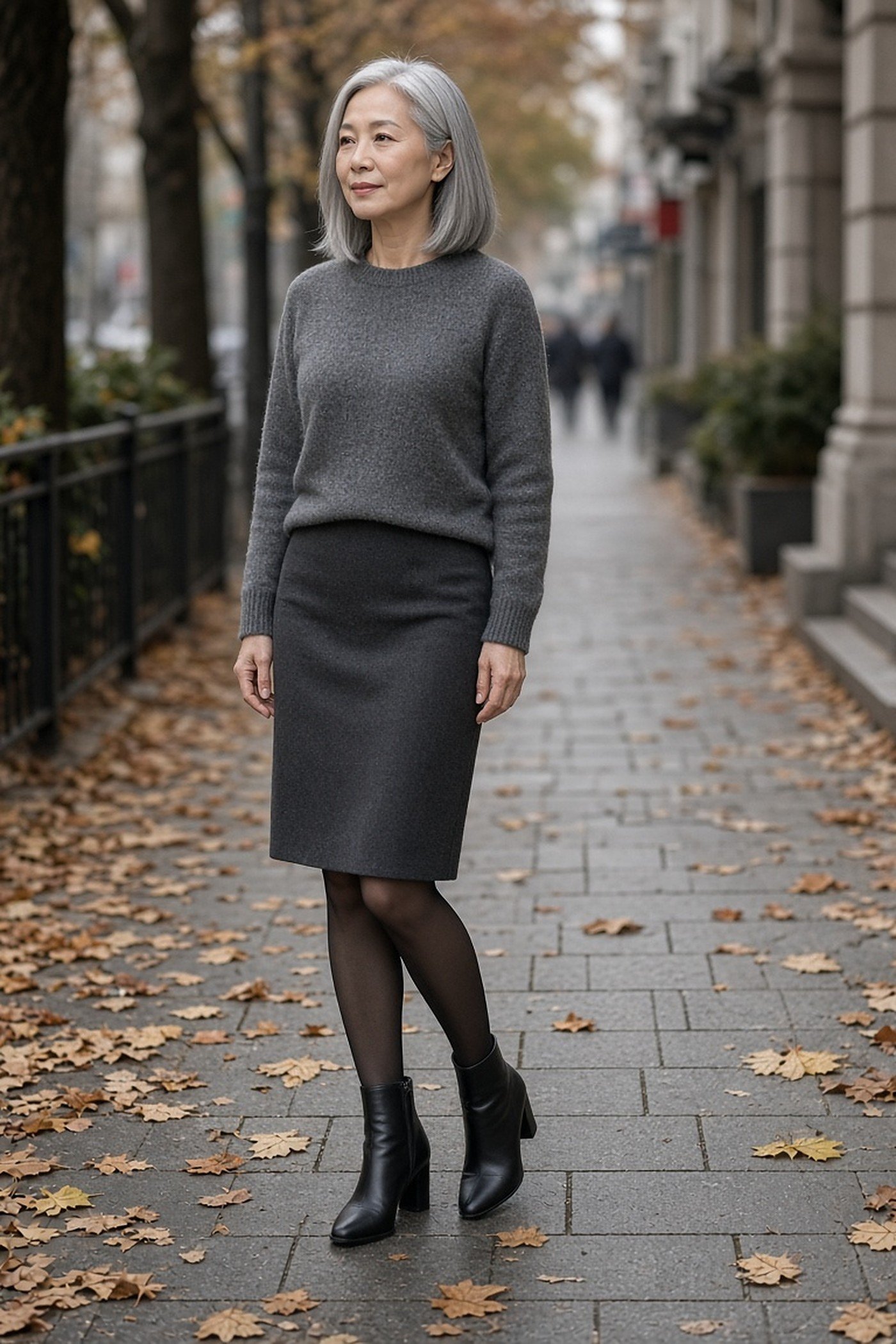 Petite woman over 50 in slim ankle boots with tights