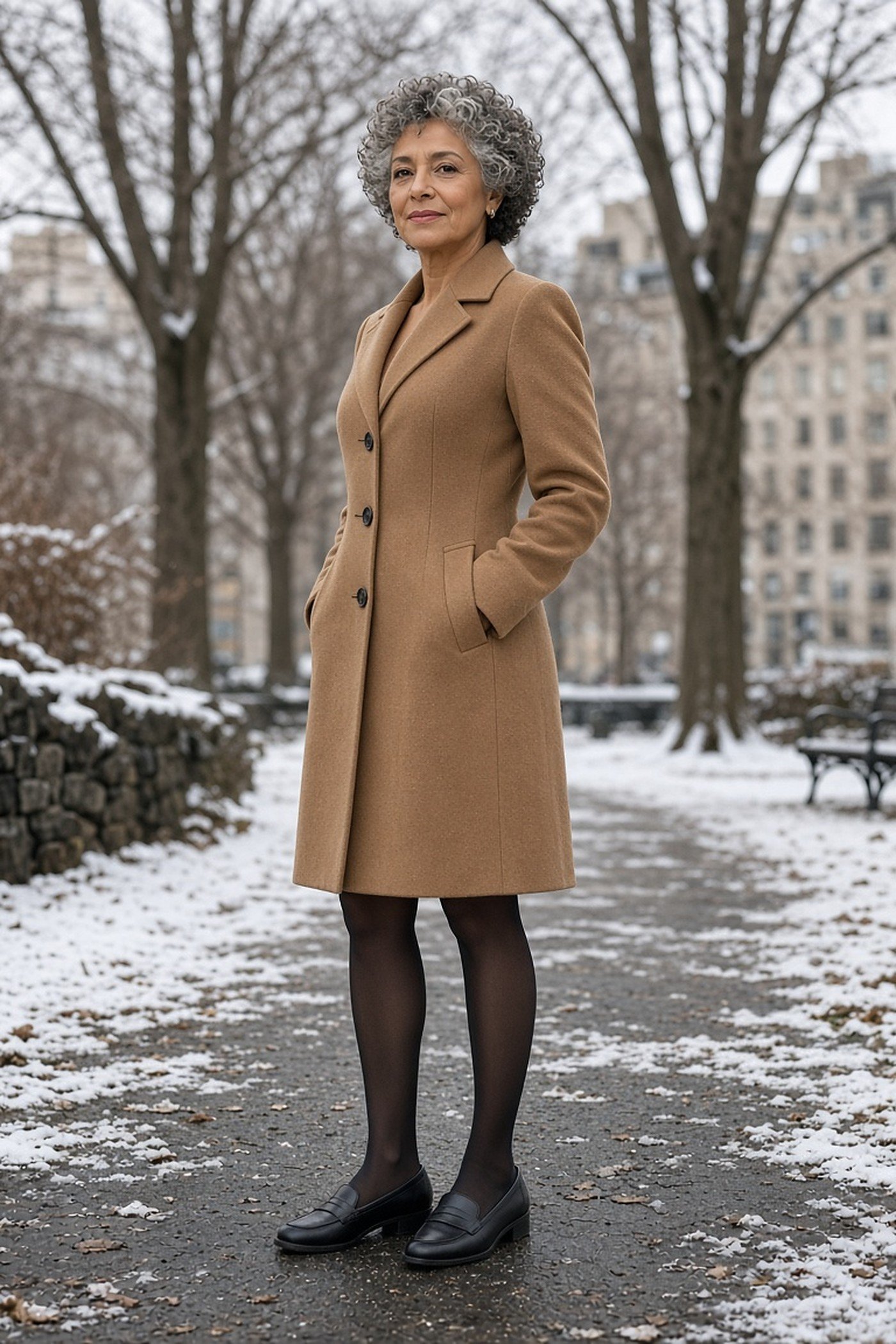 Petite woman over 50 in a knee-length tailored camel coat