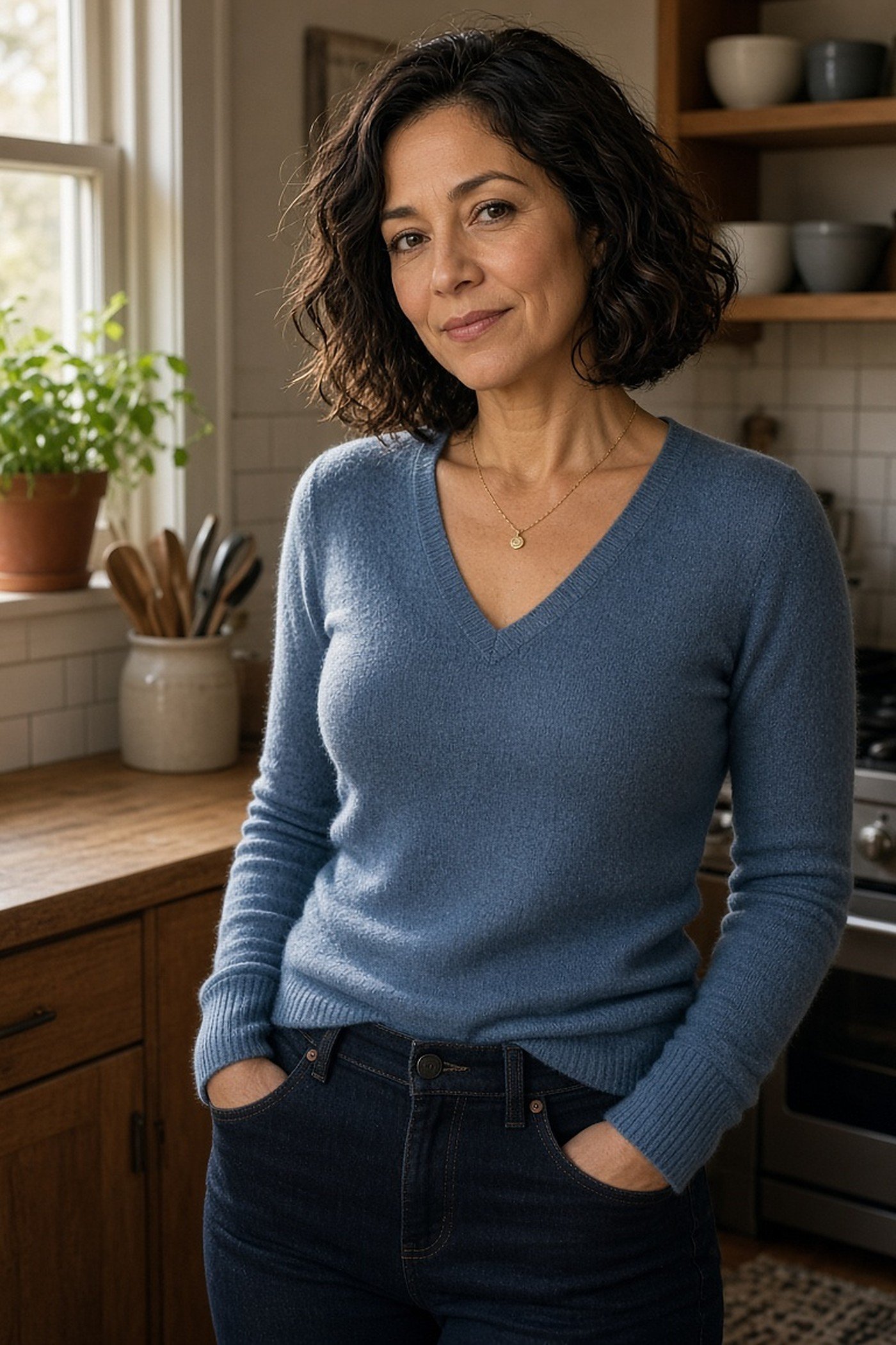 Petite woman over 50 in a blue fine V-neck sweater