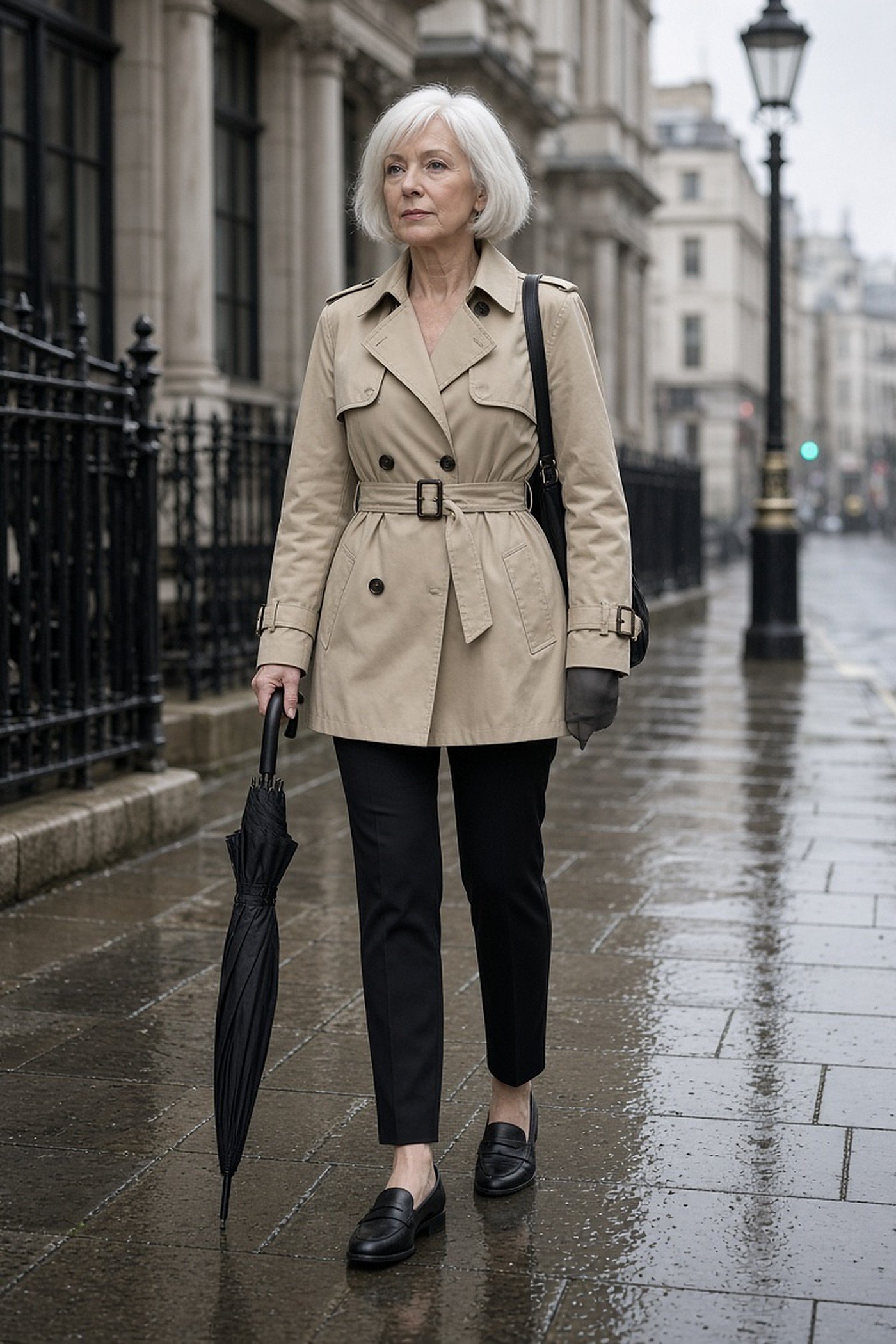 Petite woman over 50 in a hip-length belted trench