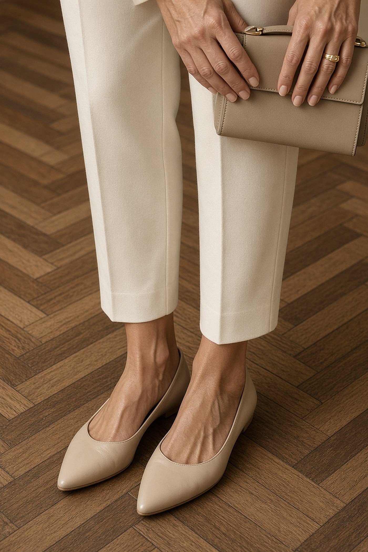 Nude pointed flats with cropped ivory trousers on a petite woman