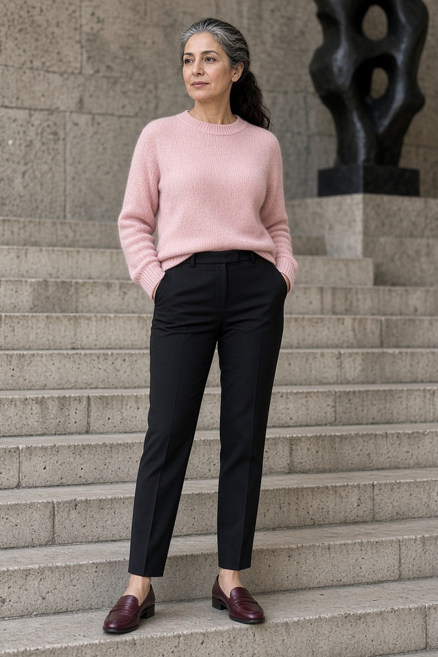 Petite woman over 50 in slim black ankle trousers and loafers