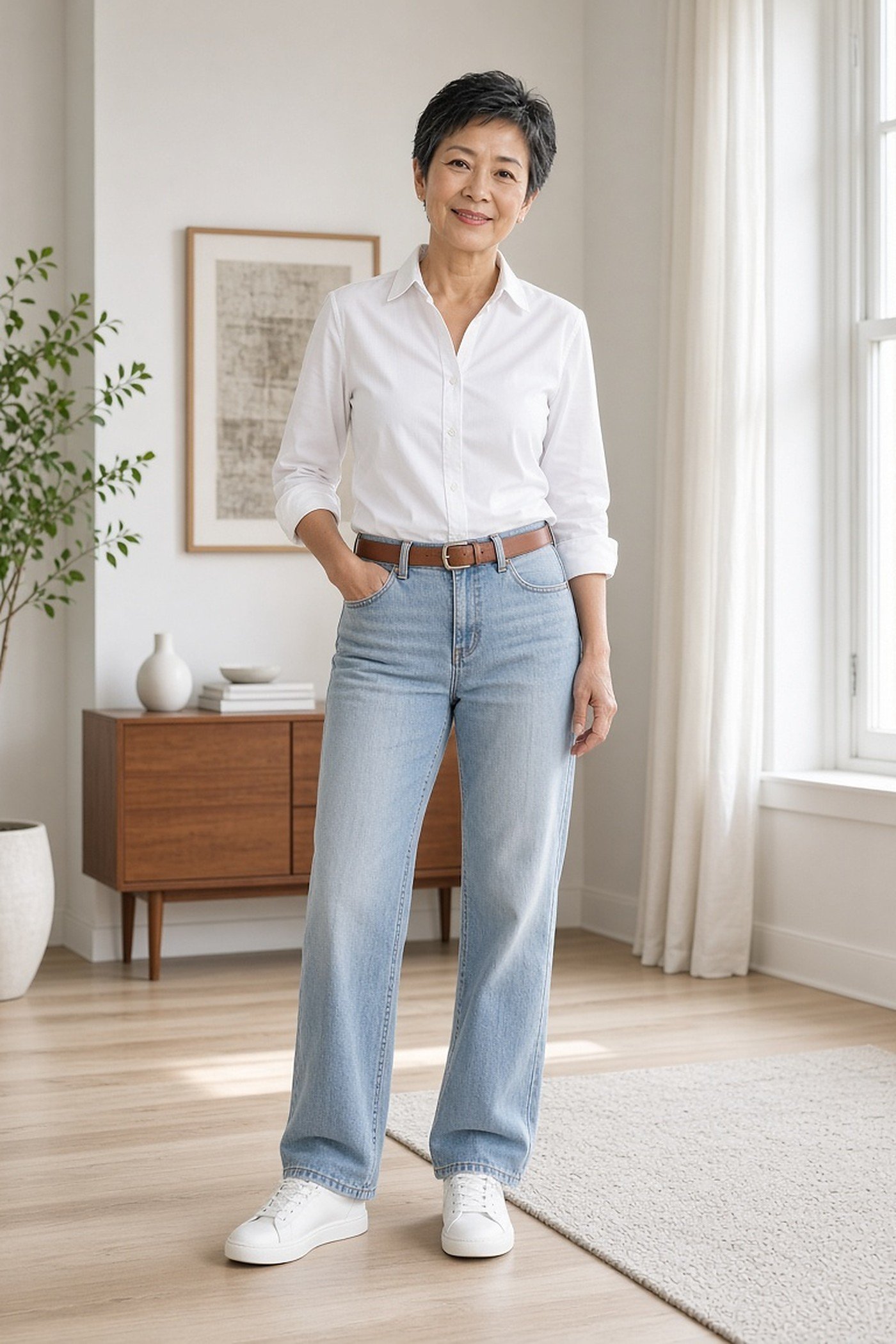 Petite woman over 50 in a fitted white shirt tucked into jeans