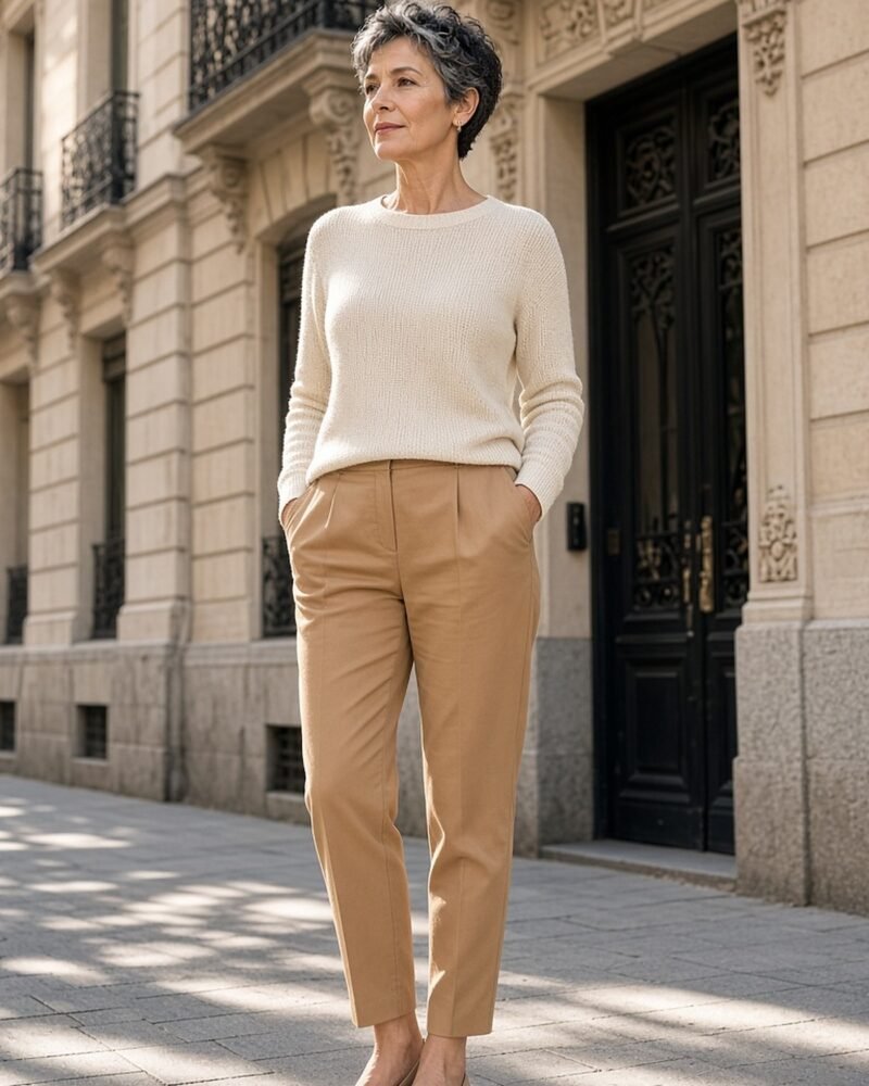 Petite woman over 50 in a cream knit, camel cropped trousers and pointed flats