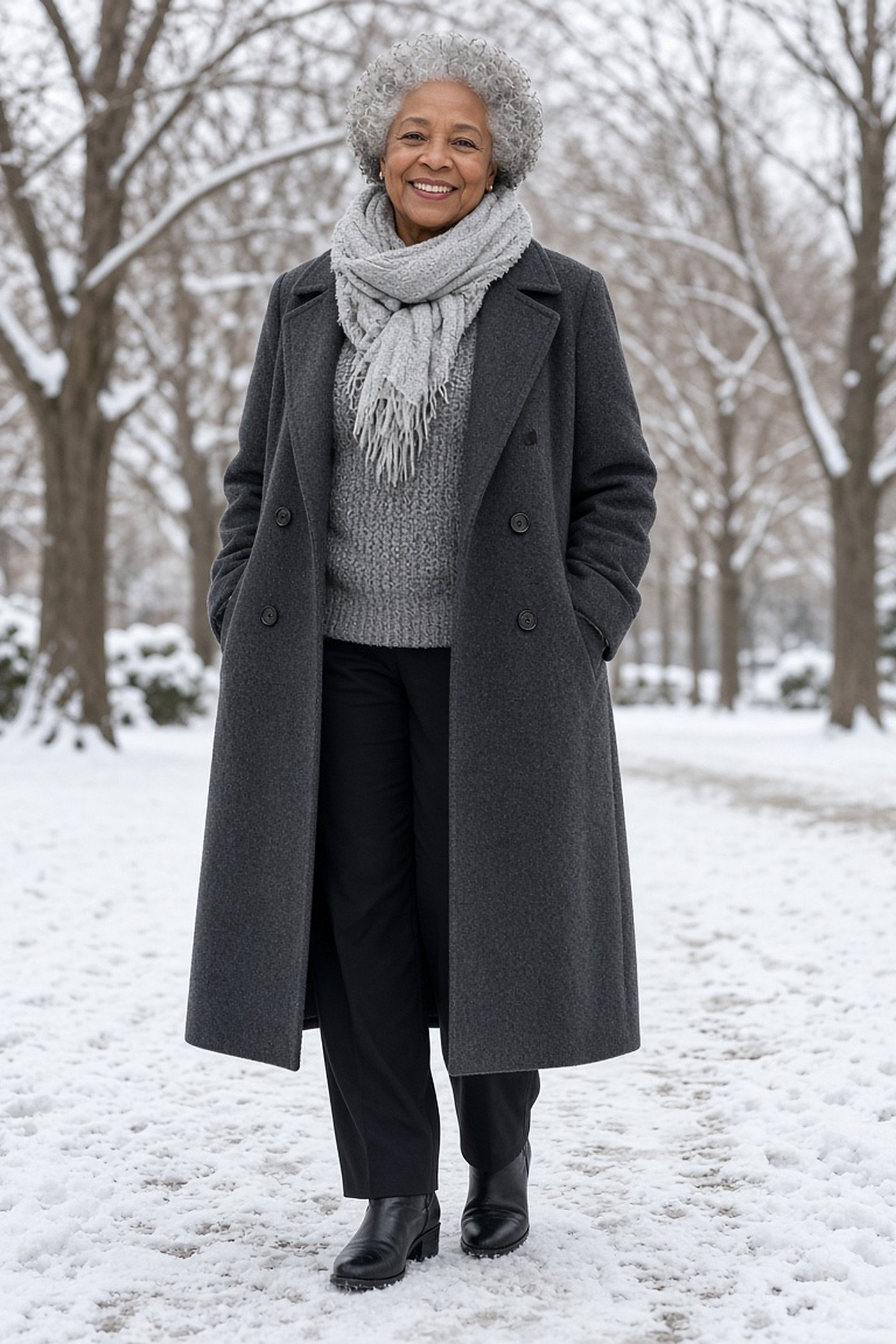 Woman over 60 in long charcoal wool coat with silver scarf