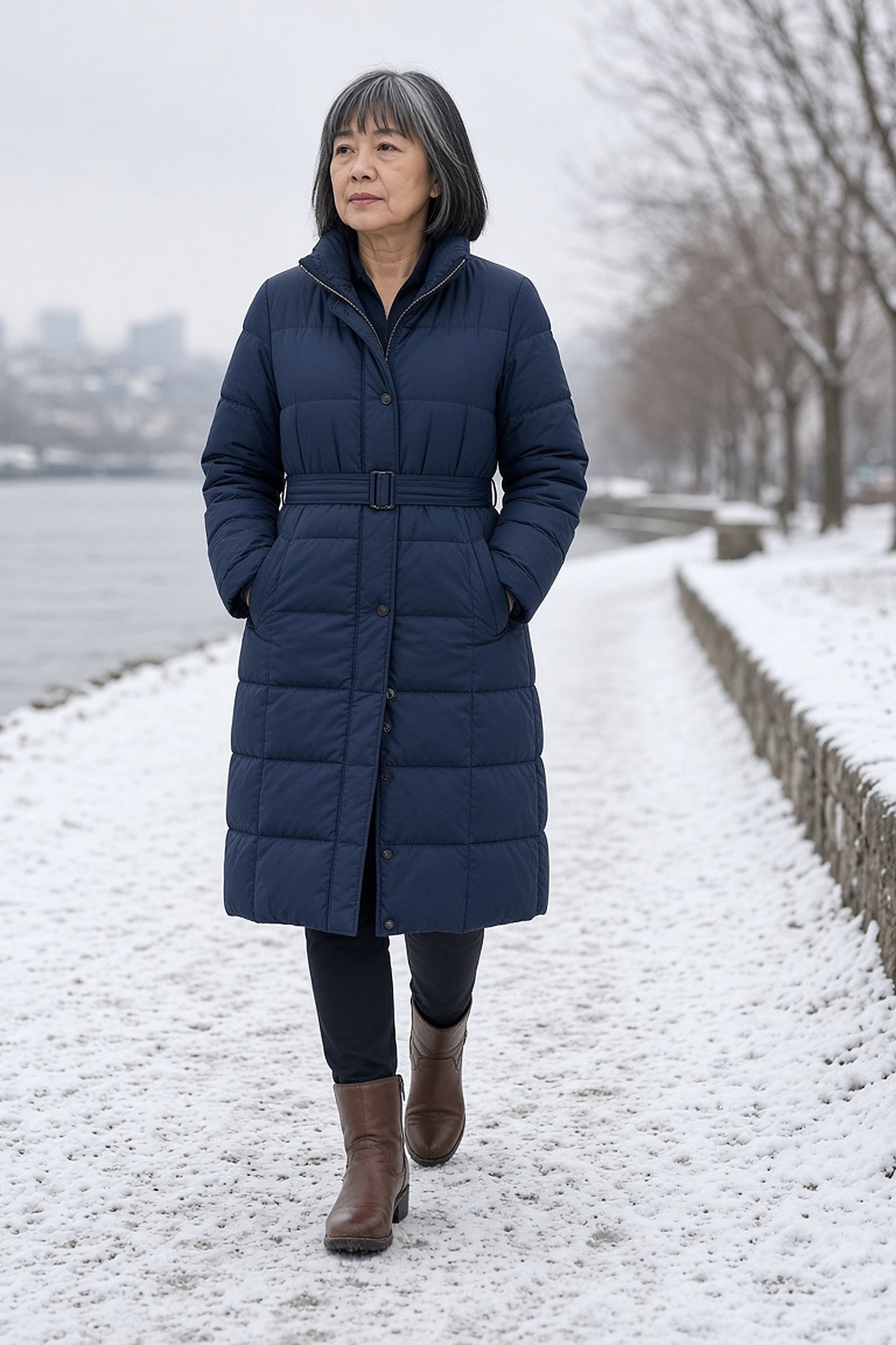 Woman over 60 in belted navy puffer coat