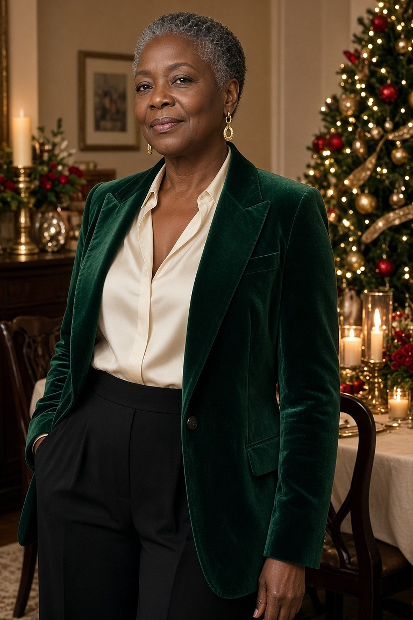 Woman over 60 in emerald velvet blazer for the holidays